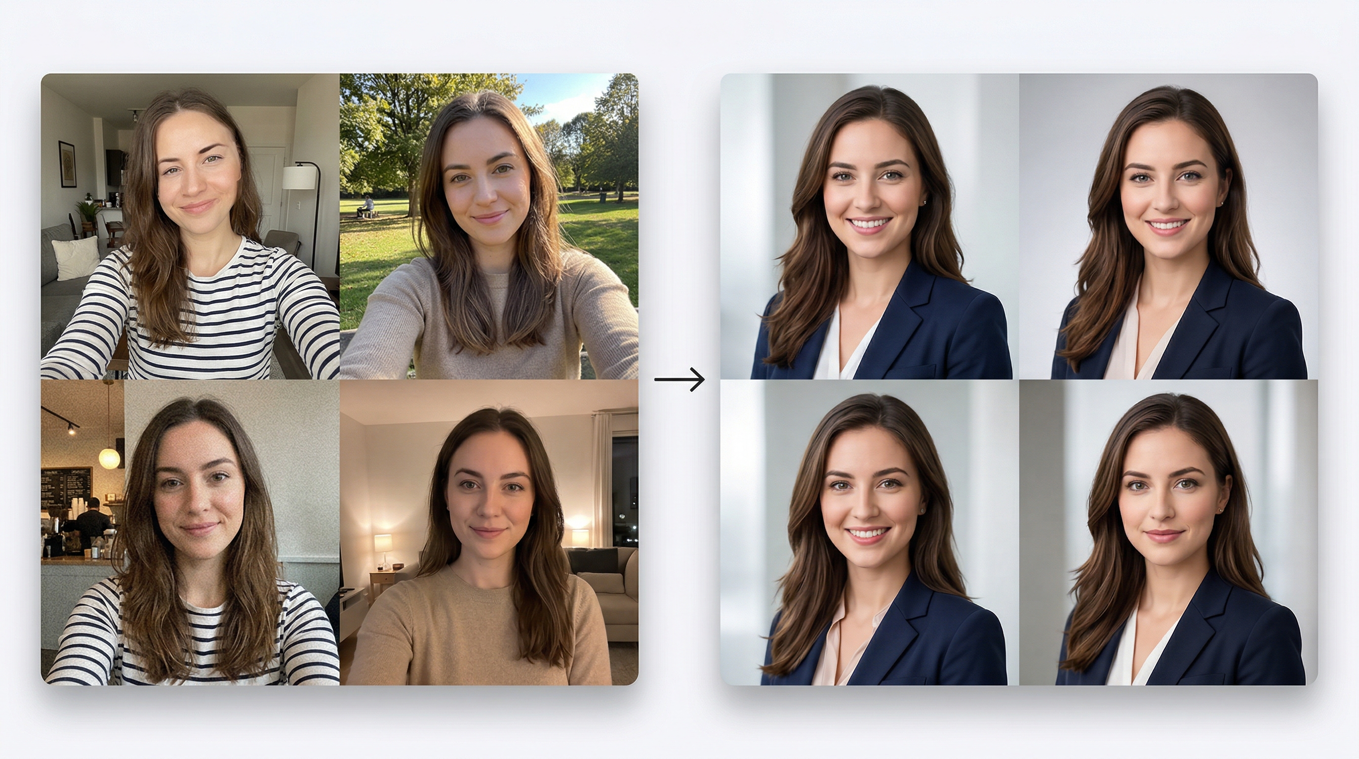 Before and after comparison showing casual selfie inputs on the left transforming into polished AI-generated professional headshots on the right through LoRA fine-tuning