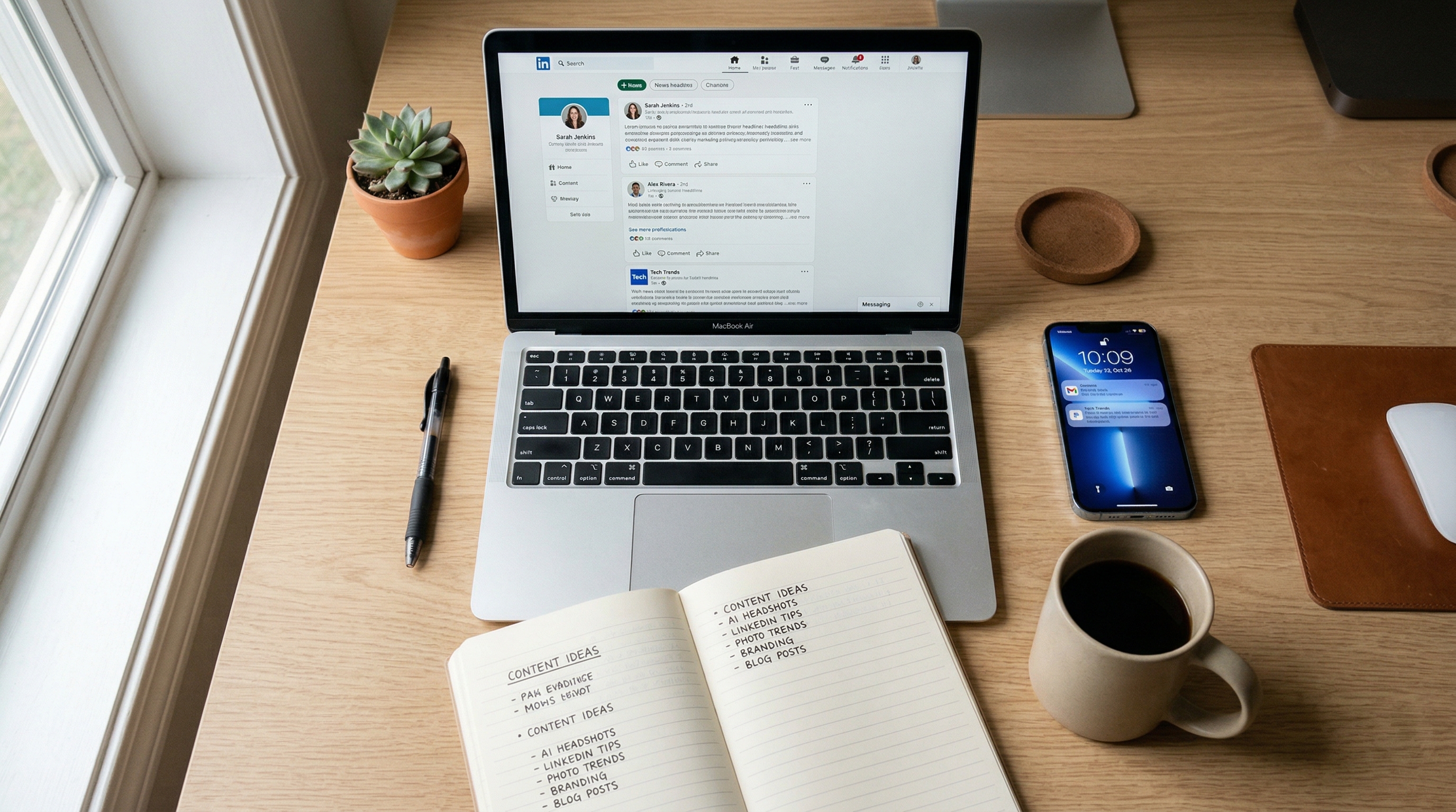A well-organized workspace with a laptop displaying LinkedIn text posts, a notebook with content ideas, and a coffee cup, representing a text-first LinkedIn content strategy
