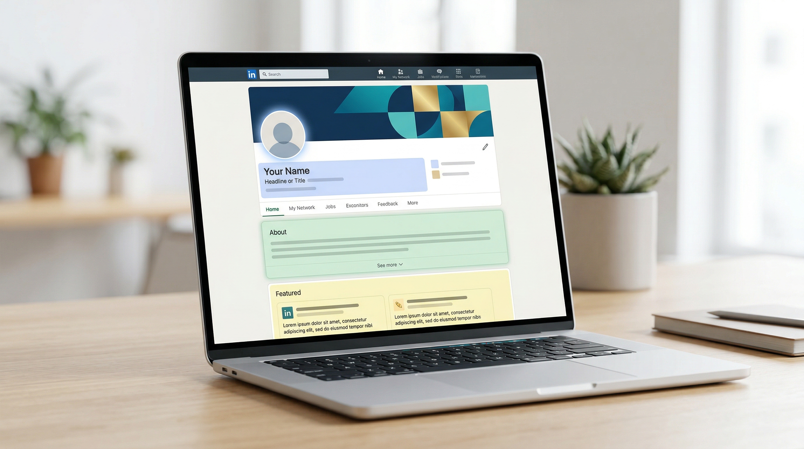 Mockup of an optimized LinkedIn profile layout highlighting the banner image, headline, about section, and featured section as key areas for camera-shy professionals to focus on