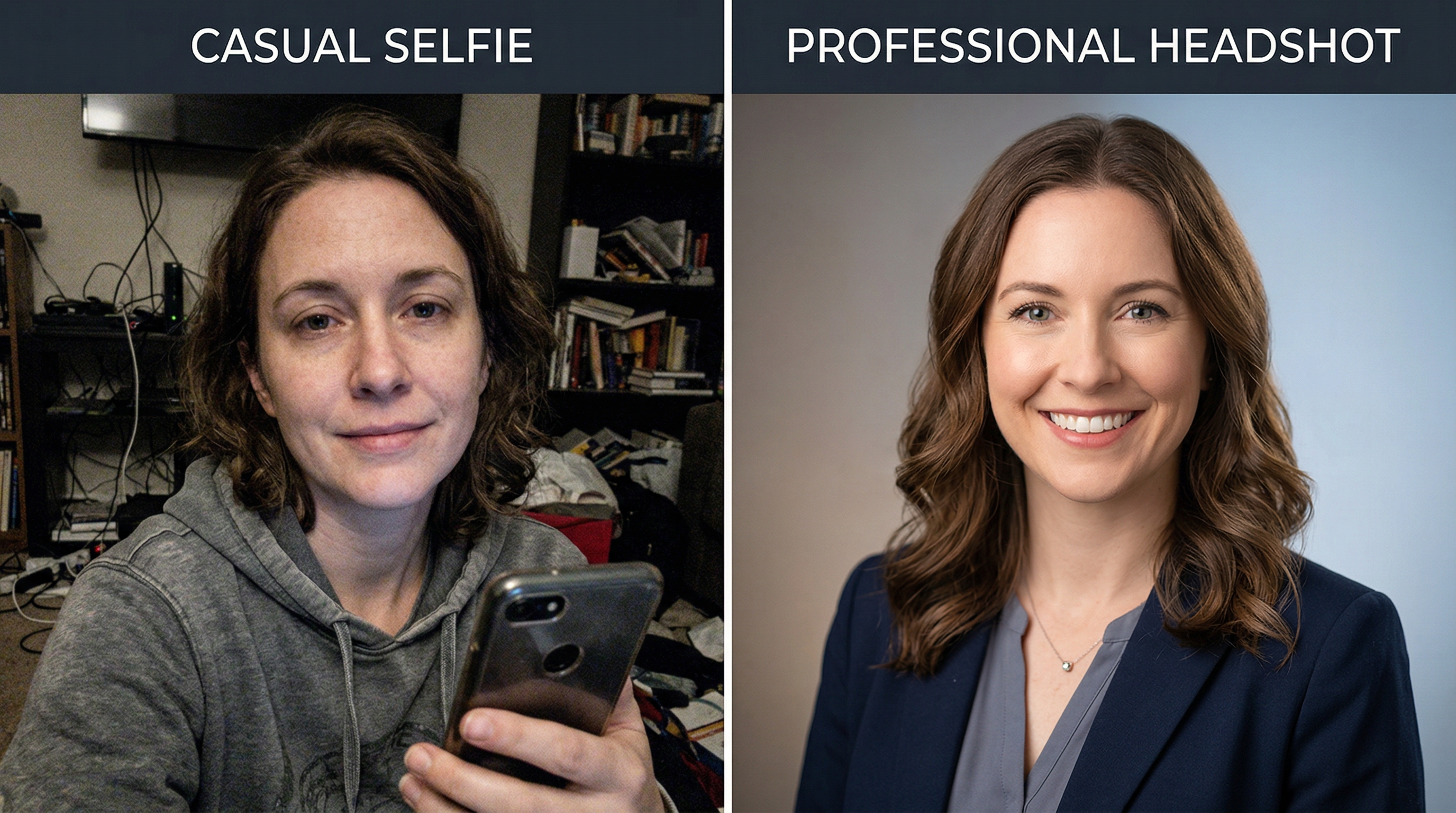 Before and after comparison showing a low-quality casual selfie on the left versus a polished, studio-quality AI-generated professional headshot on the right