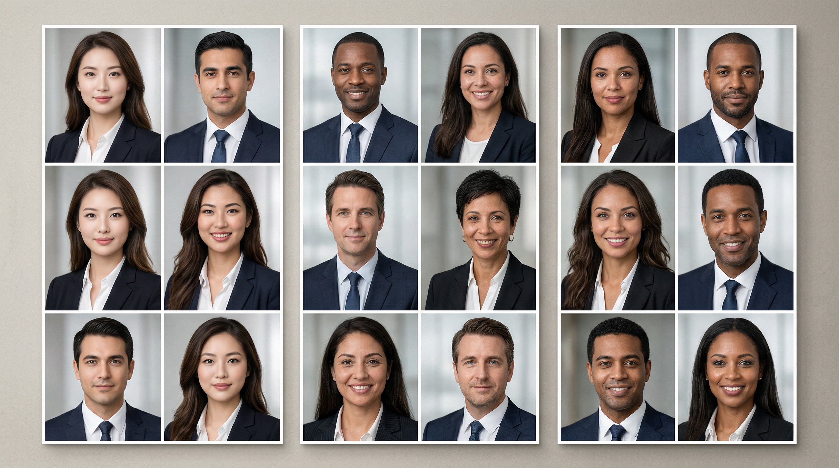 Side-by-side comparison grid showing how three different AI architectures render skin texture, eye symmetry, hair detail, lighting, and facial expressions differently in professional headshot generation