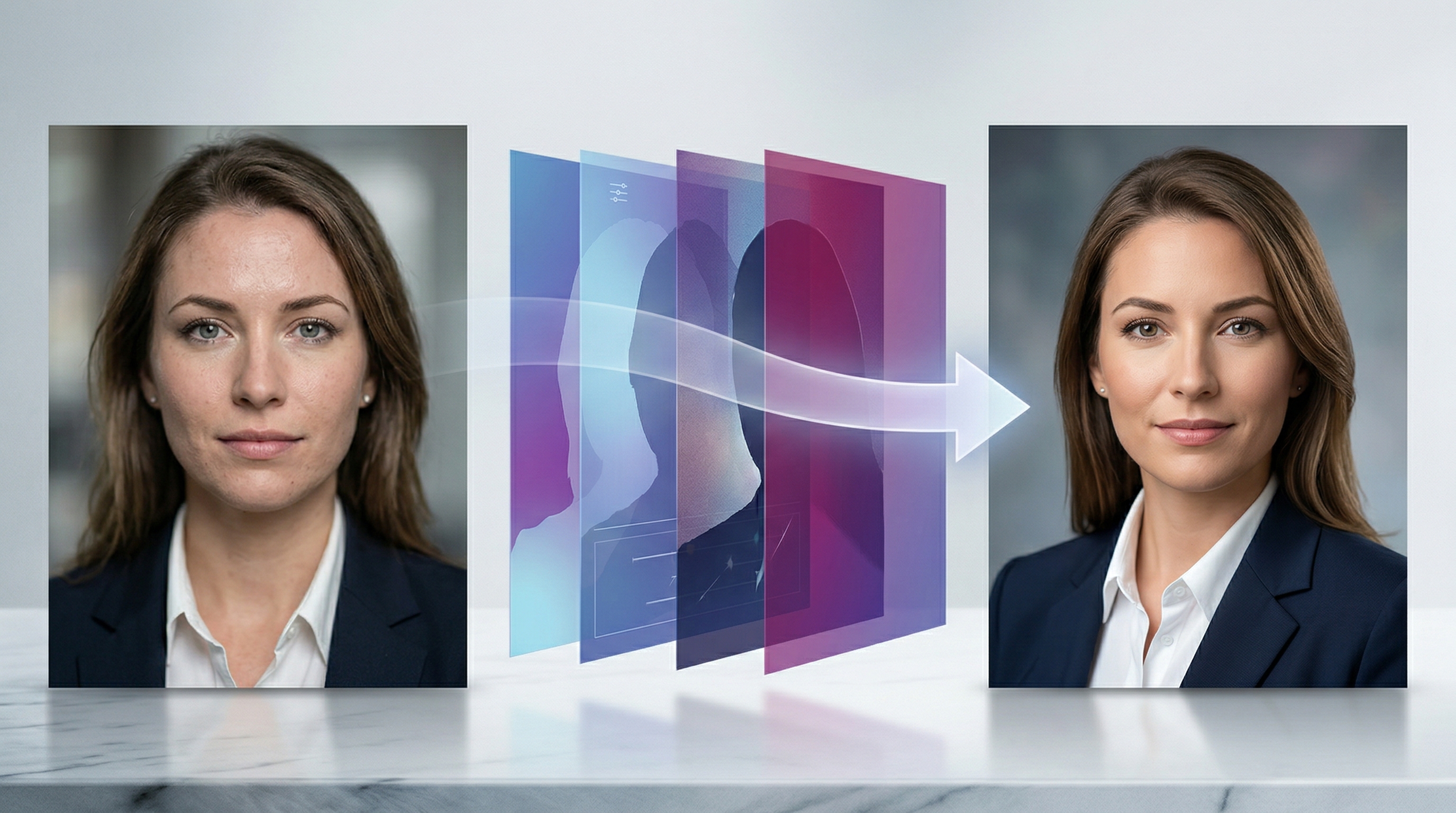 Pipeline visualization showing how a raw AI model output transforms through multiple engineering and post-processing steps into a polished, professional Starkie AI headshot