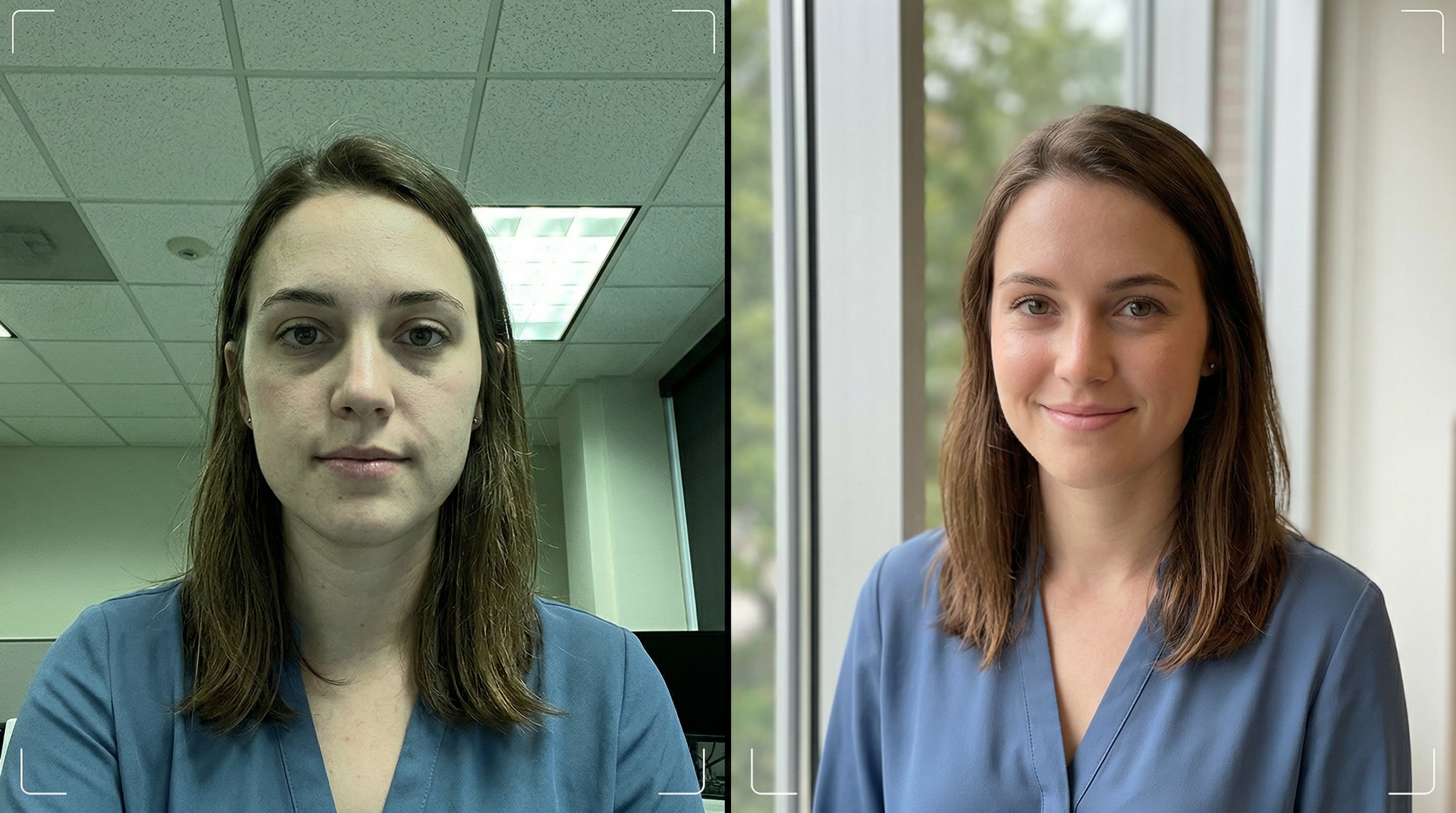 Side-by-side comparison showing the same person photographed with flat fluorescent lighting versus intentional window lighting, demonstrating how light quality dramatically affects portrait results even with the same phone camera