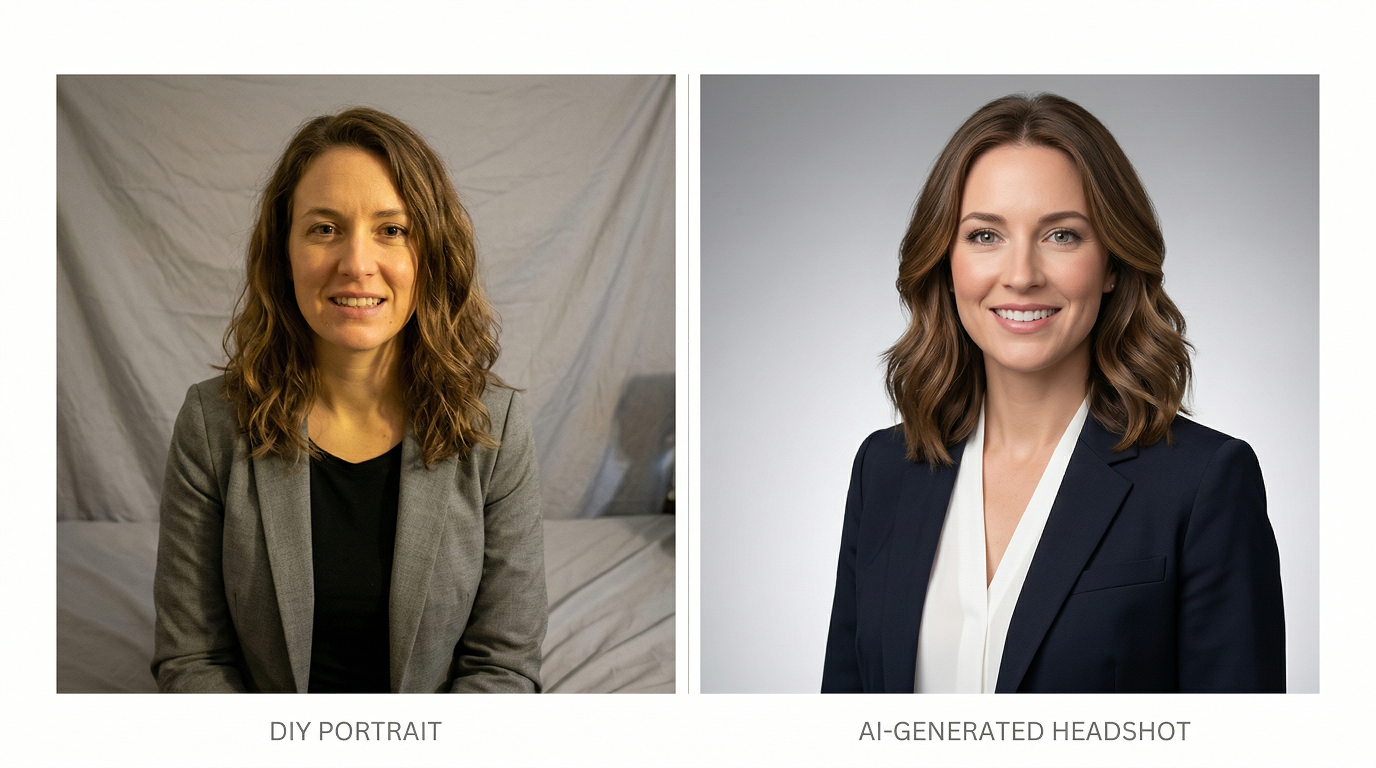 Comparison showing a decent DIY portrait result alongside a polished AI-generated professional headshot, illustrating the quality and consistency difference between manual lighting setups and AI headshot tools