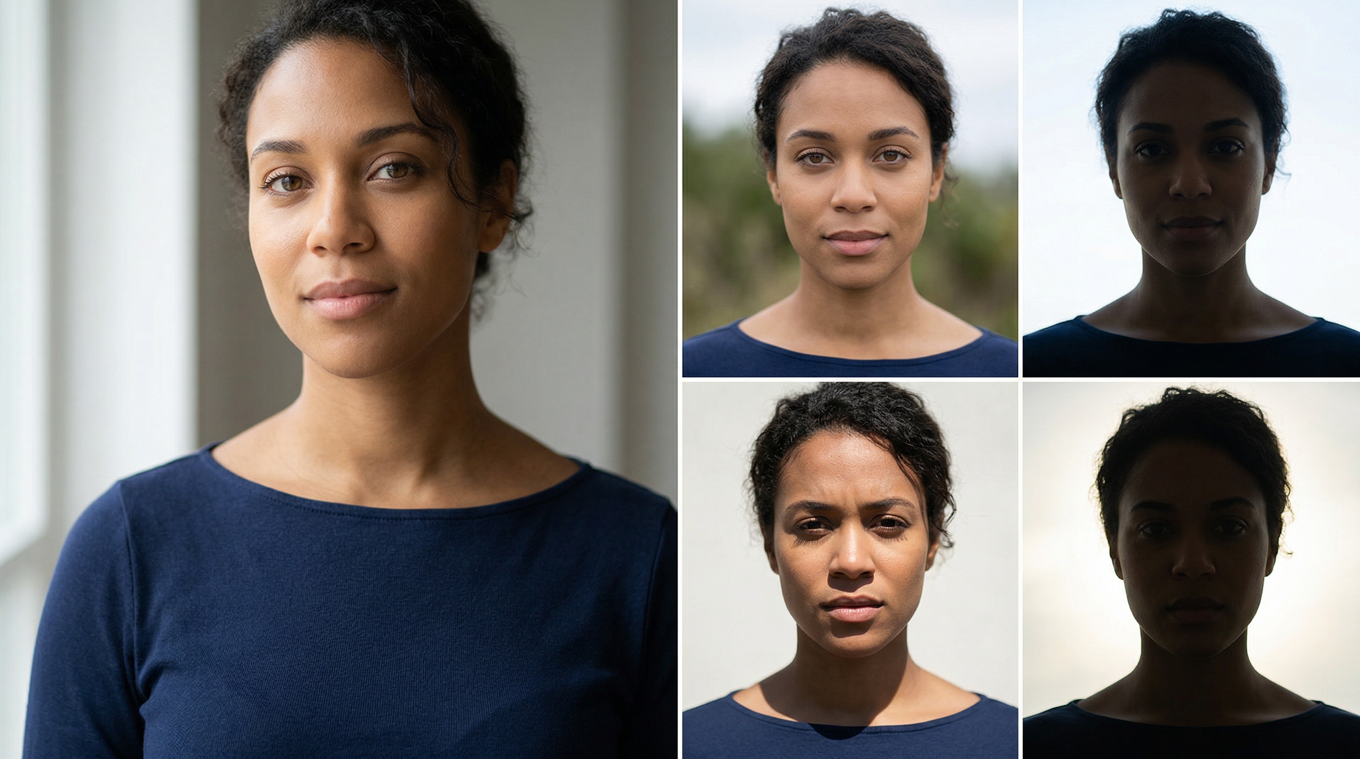 Comparison of four lighting conditions for AI headshot source photos: soft window light, overcast outdoor light, harsh overhead sunlight, and backlighting, showing how each affects facial visibility and shadow quality