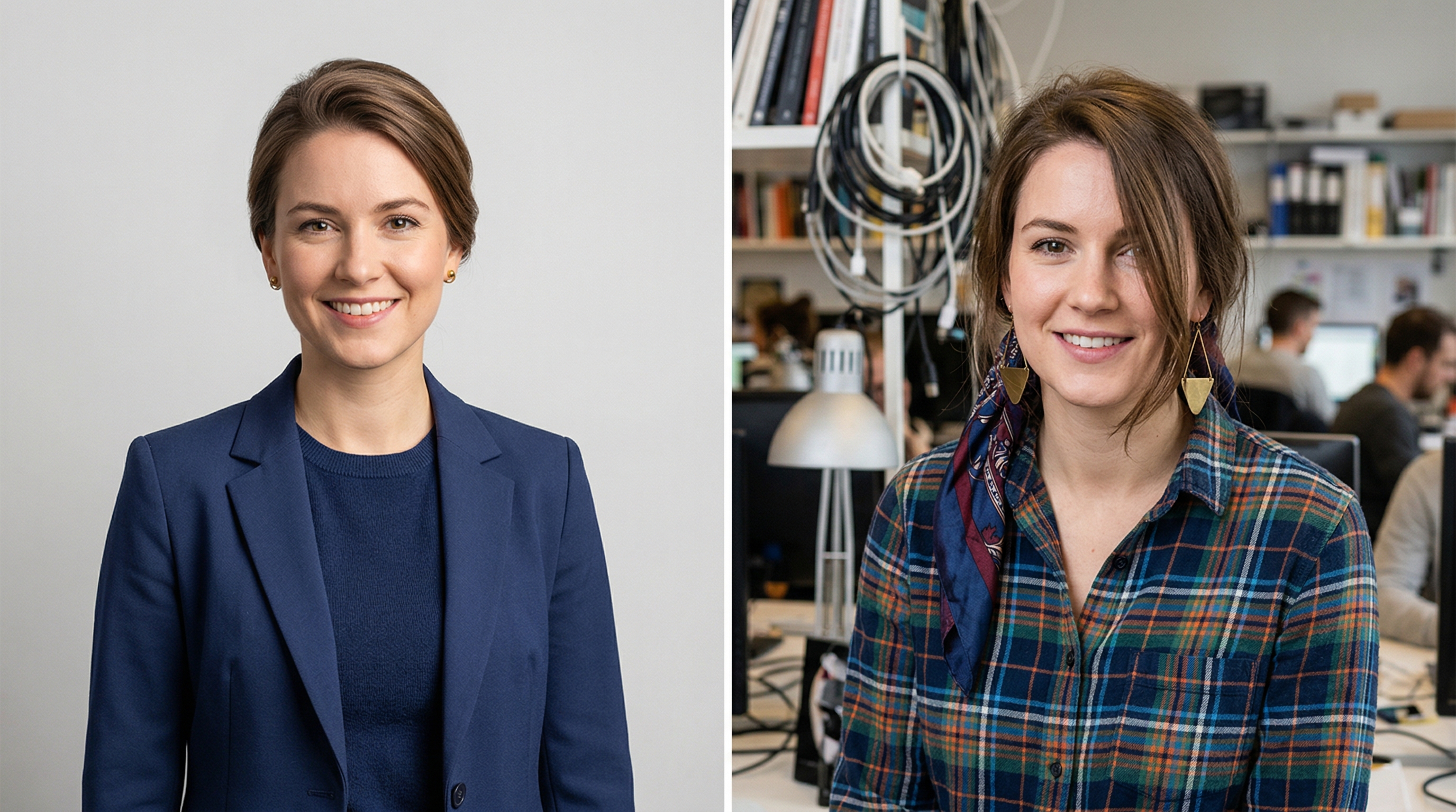 Side-by-side comparison of AI-friendly clothing and styling choices versus problematic ones: solid navy blazer with clean styling on the left, busy patterned shirt with face-obscuring accessories on the right