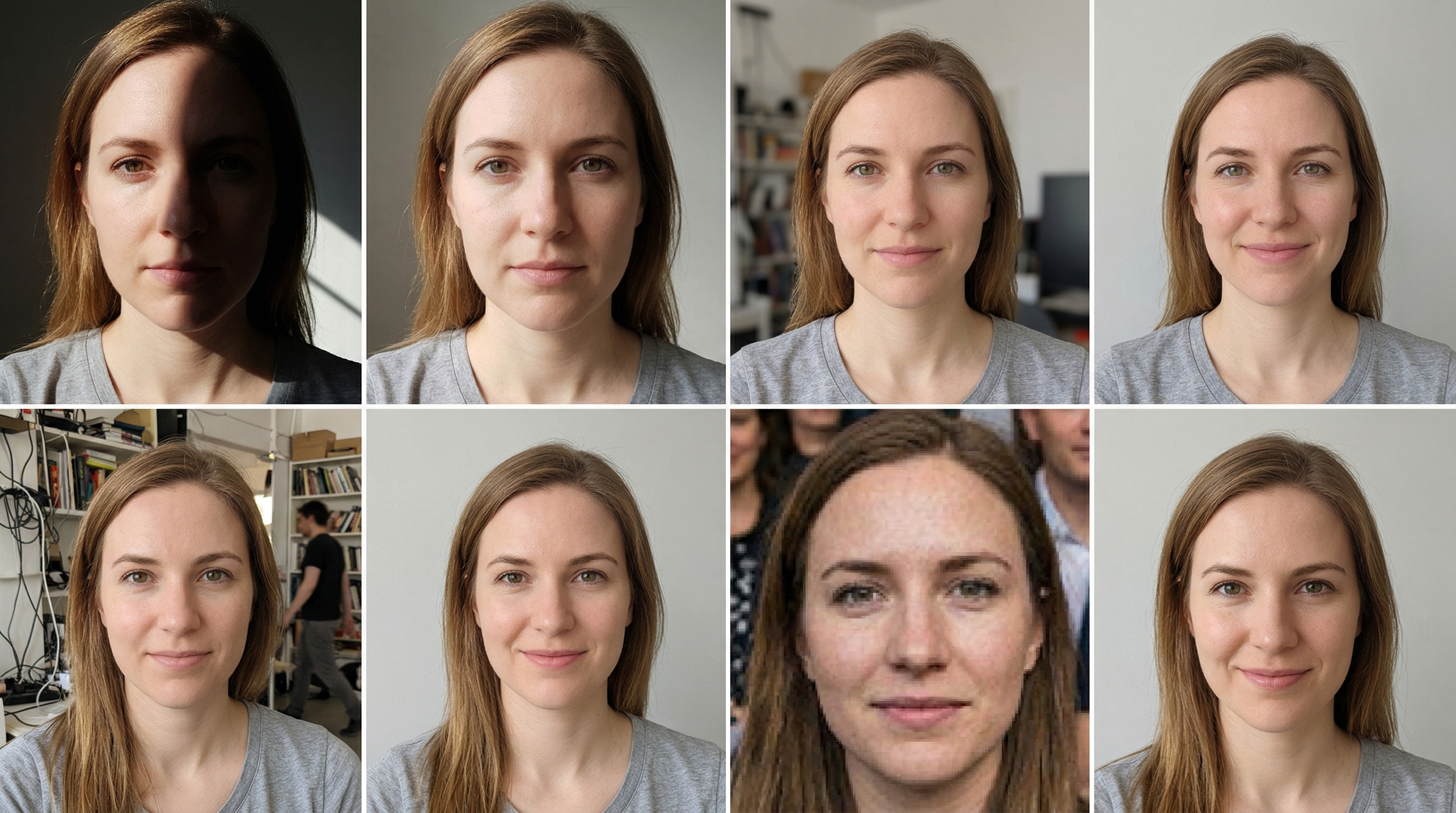 Grid showing three common source photo mistakes and their corrections: harsh facial shadows versus even lighting, cluttered background versus clean wall, and low-resolution crop versus properly framed sharp photo