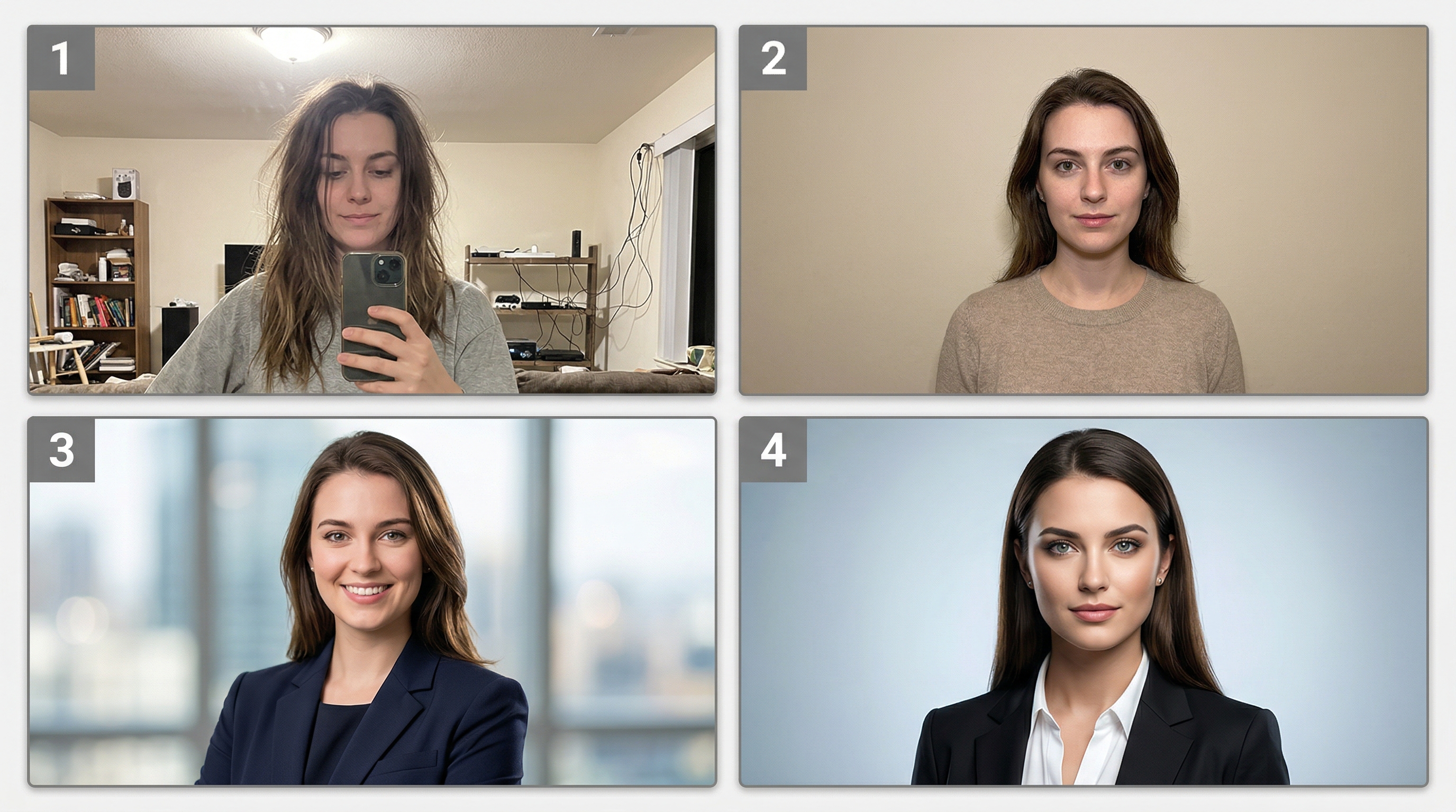 Four-panel comparison showing the quality spectrum from smartphone selfie to pop-up event headshot to studio headshot to AI-generated headshot