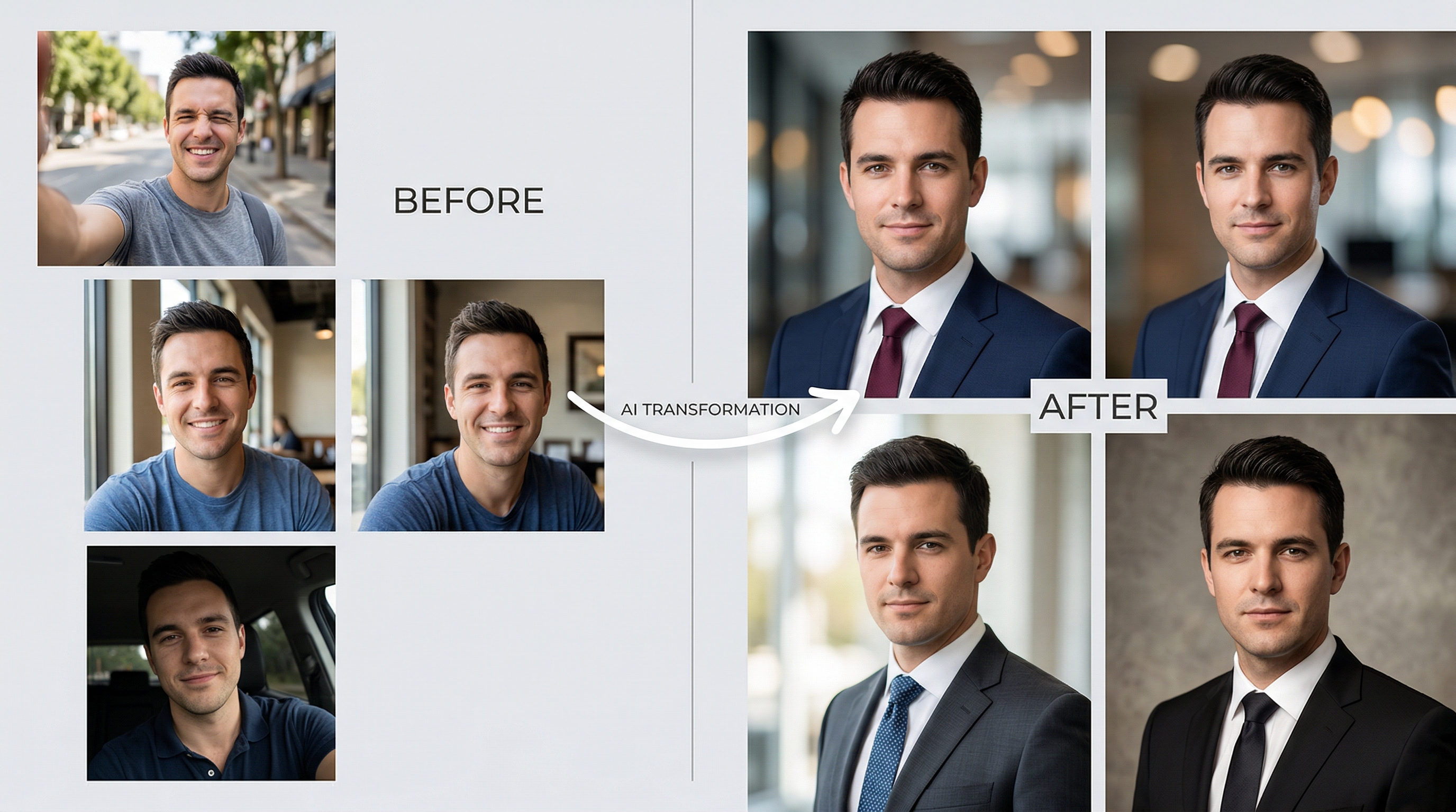 Before and after grid showing casual selfie uploads alongside AI-generated professional headshots, demonstrating the transformation from everyday photos to polished corporate portraits