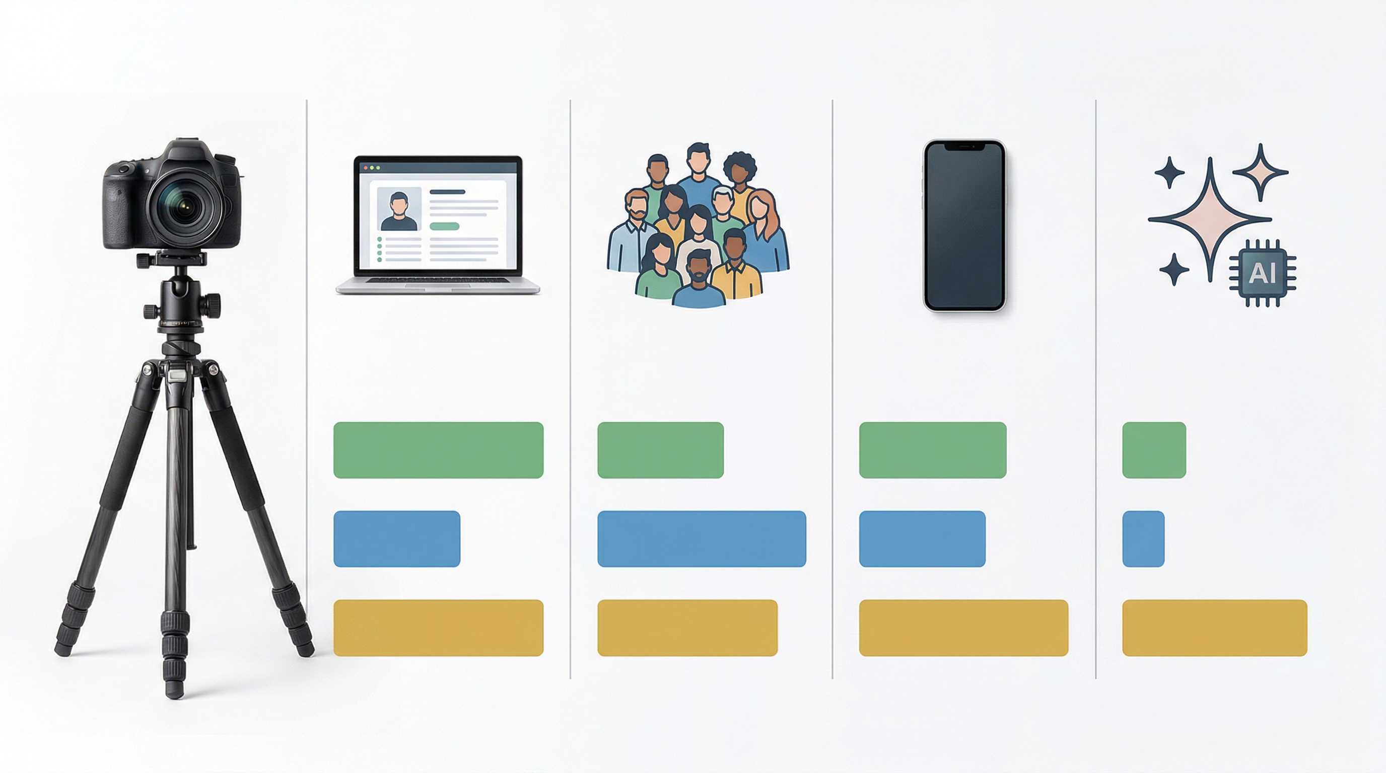 Visual infographic comparing five headshot options across cost, time investment, and quality dimensions using colored horizontal bars under representative icons