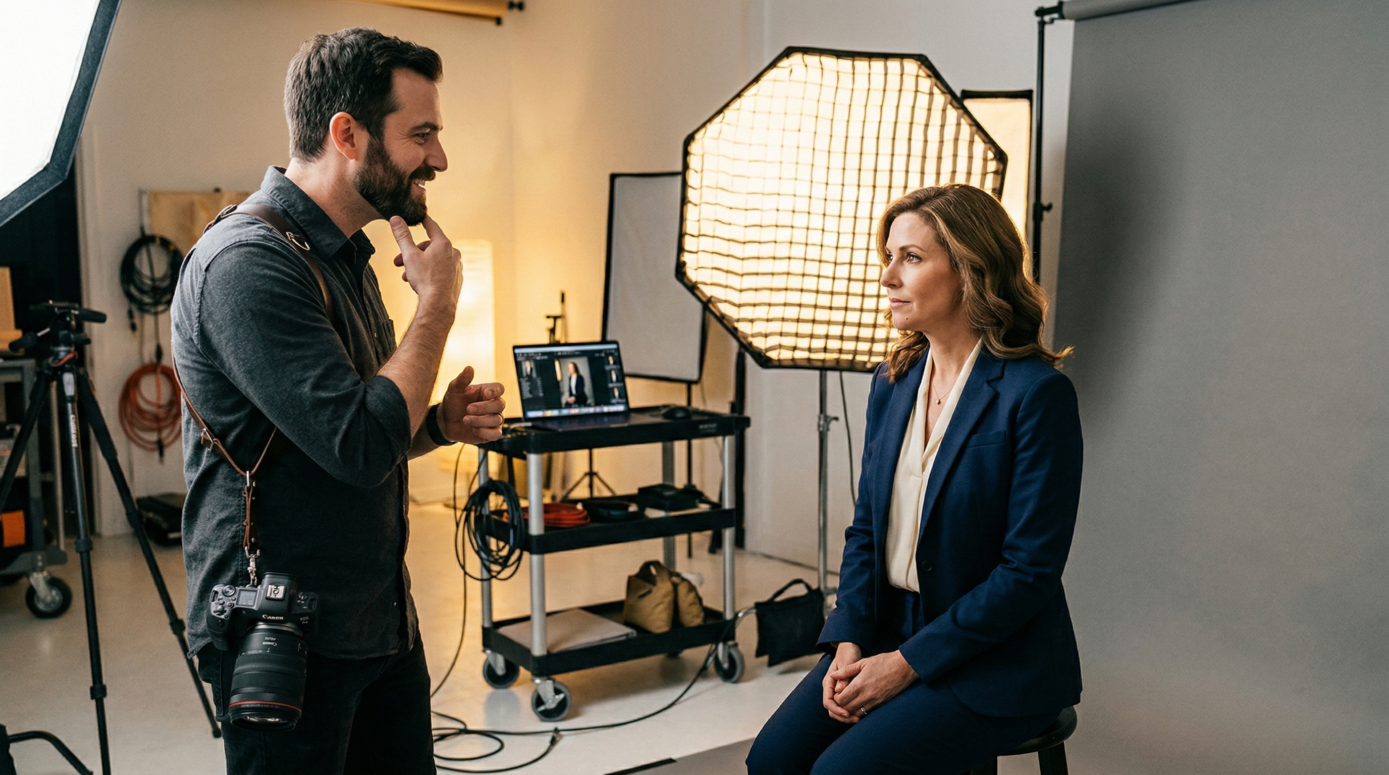 A portrait photographer demonstrating the jaw-forward-and-down chin positioning technique to a business professional client in a studio setting