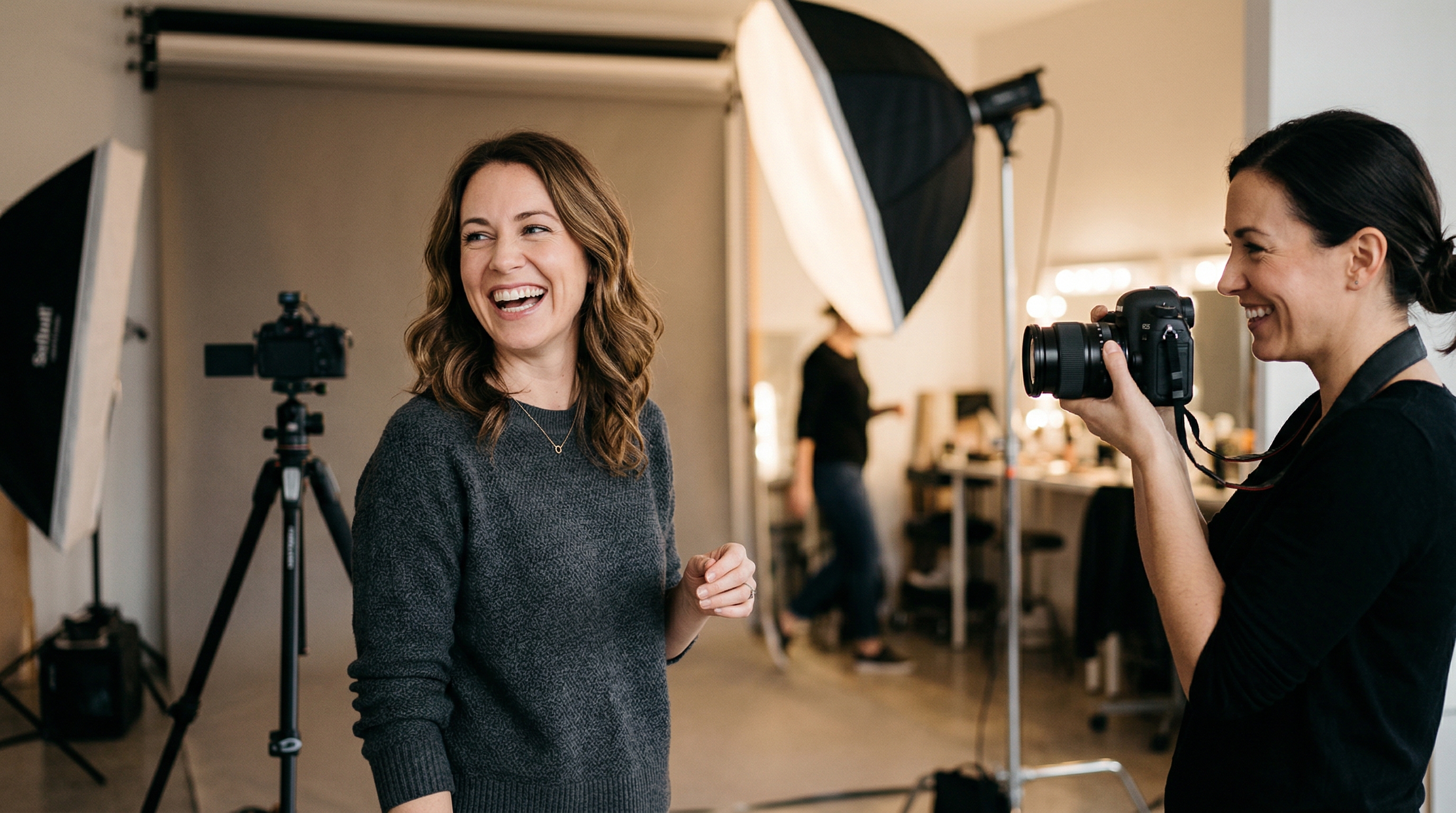 A candid behind-the-scenes moment during a portrait session showing a client mid-laugh with a genuine, relaxed expression