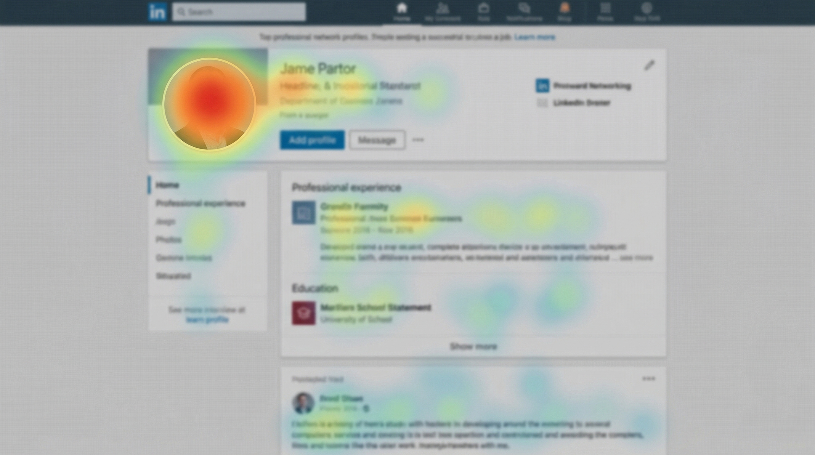 Eye-tracking heatmap visualization showing recruiter attention concentrated heavily on the profile photo area of a LinkedIn-style profile layout