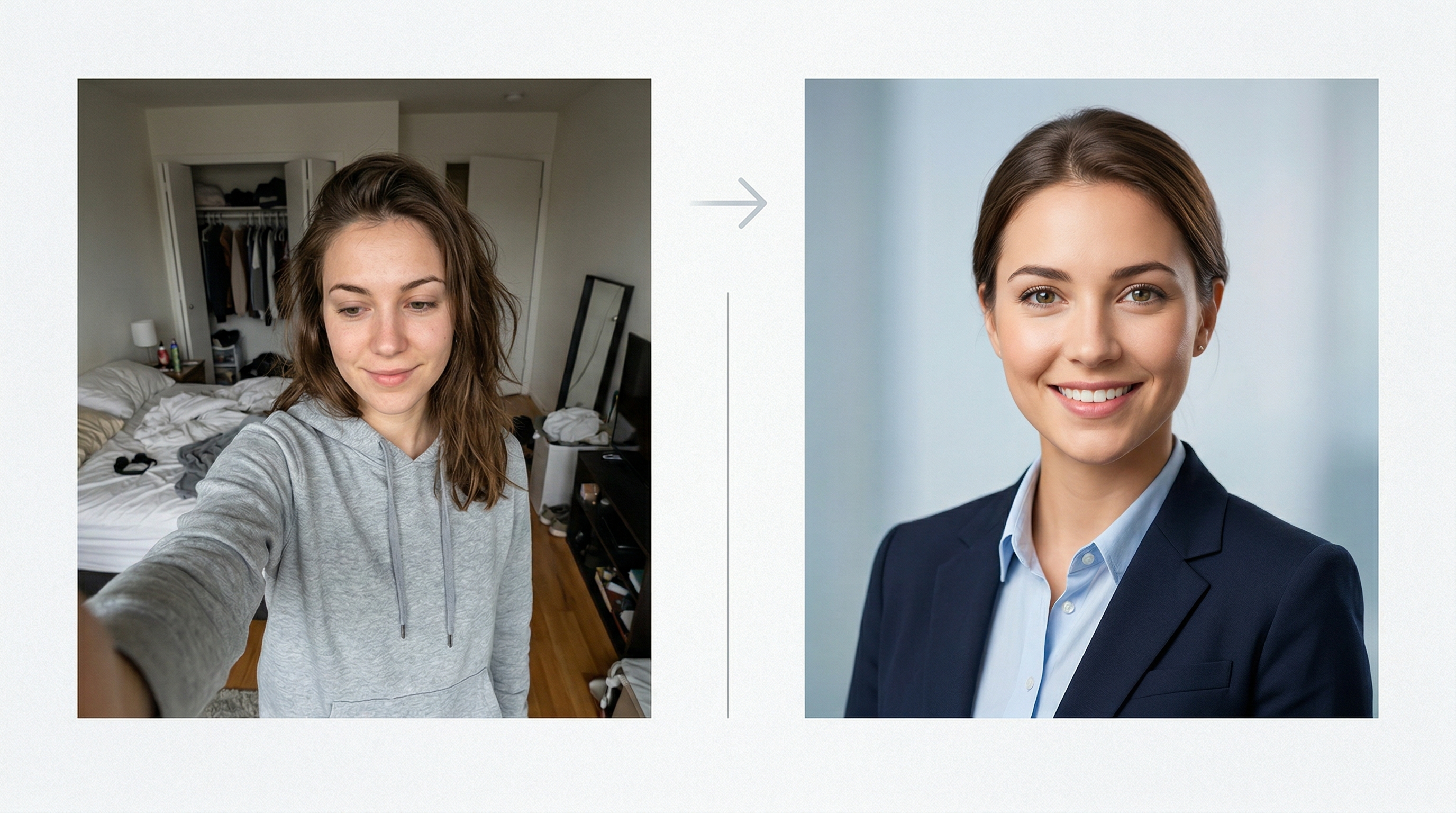 Before-and-after comparison of a casual selfie transformed into a polished professional headshot, highlighting improvements in lighting, background, attire, and composition