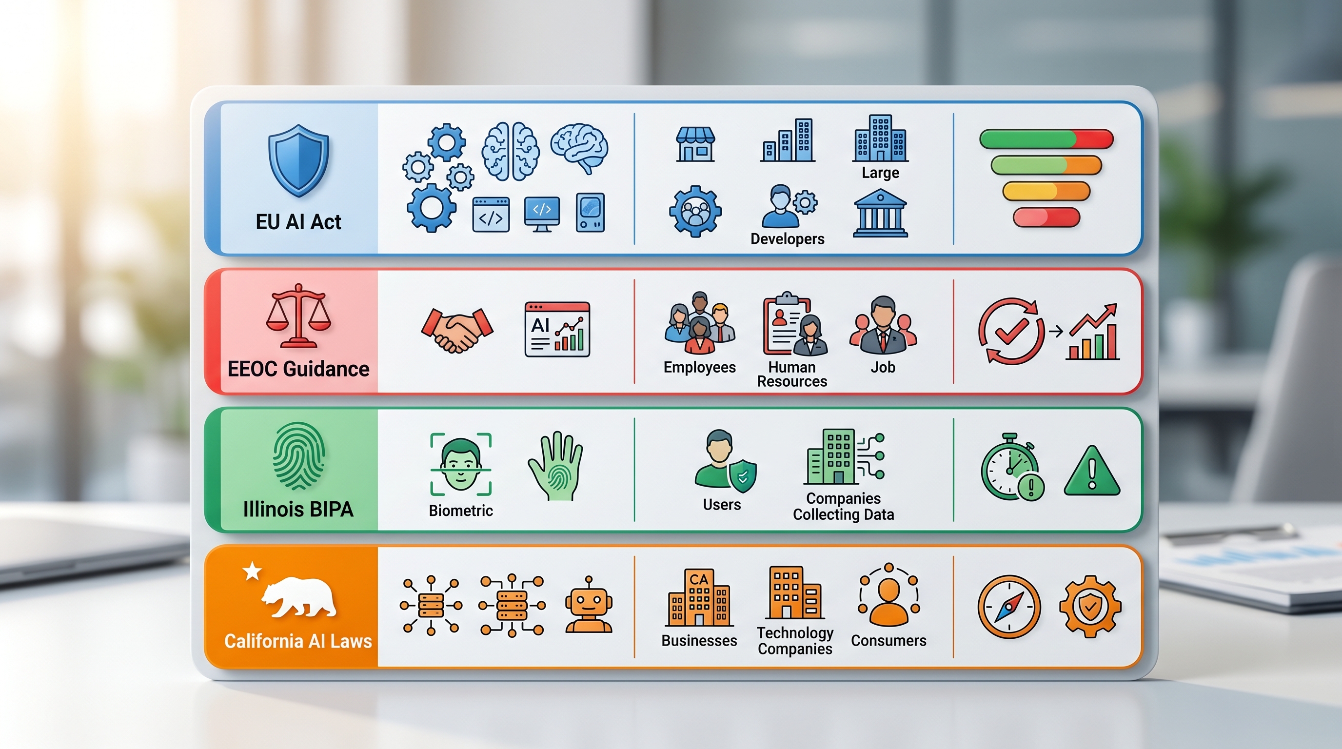 Infographic comparing key AI and hiring regulations including the EU AI Act, EEOC guidance, Illinois BIPA, and California AI laws across coverage, affected parties, and headshot relevance