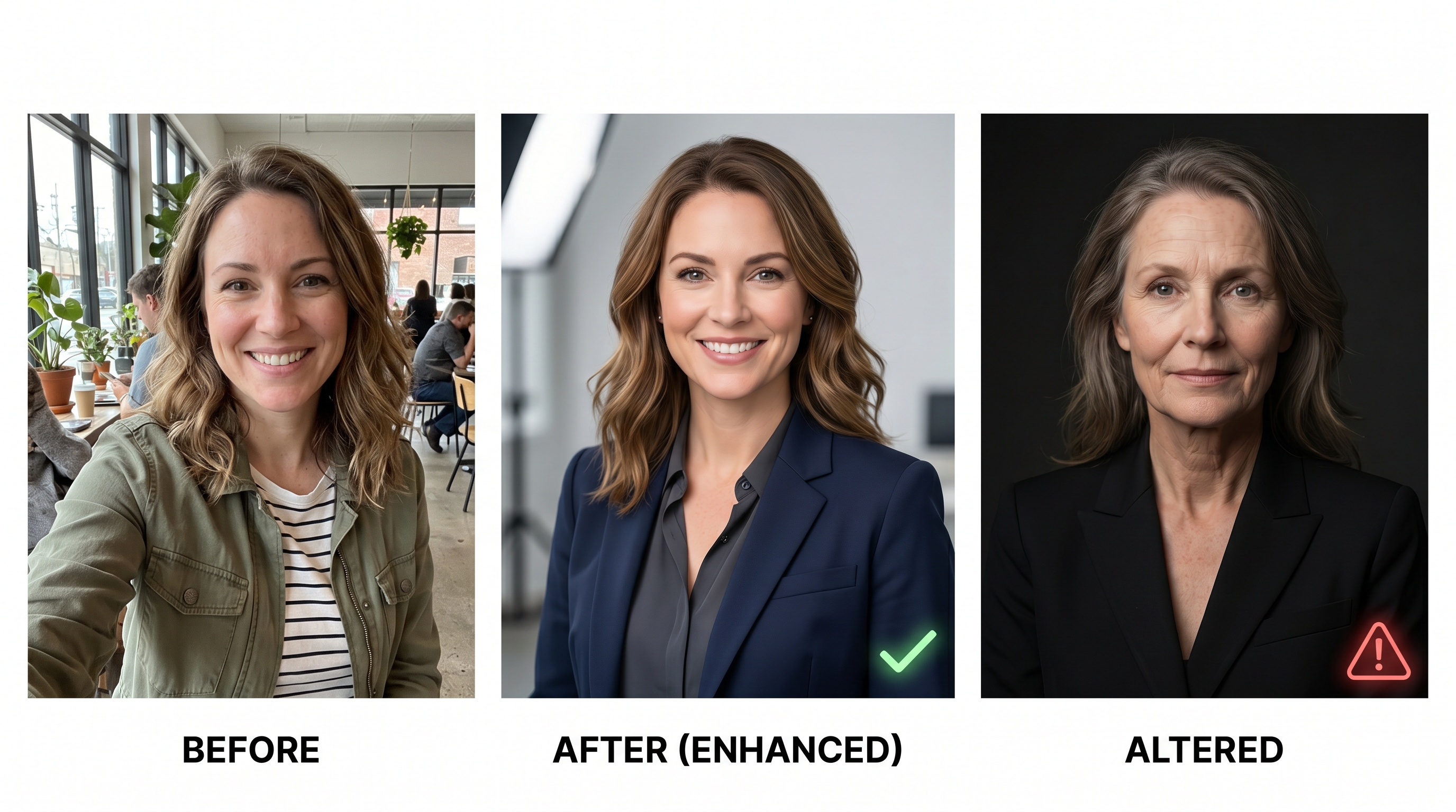 Side-by-side comparison showing the spectrum from original selfie to acceptable AI-enhanced headshot to risky AI-altered image that significantly changes appearance