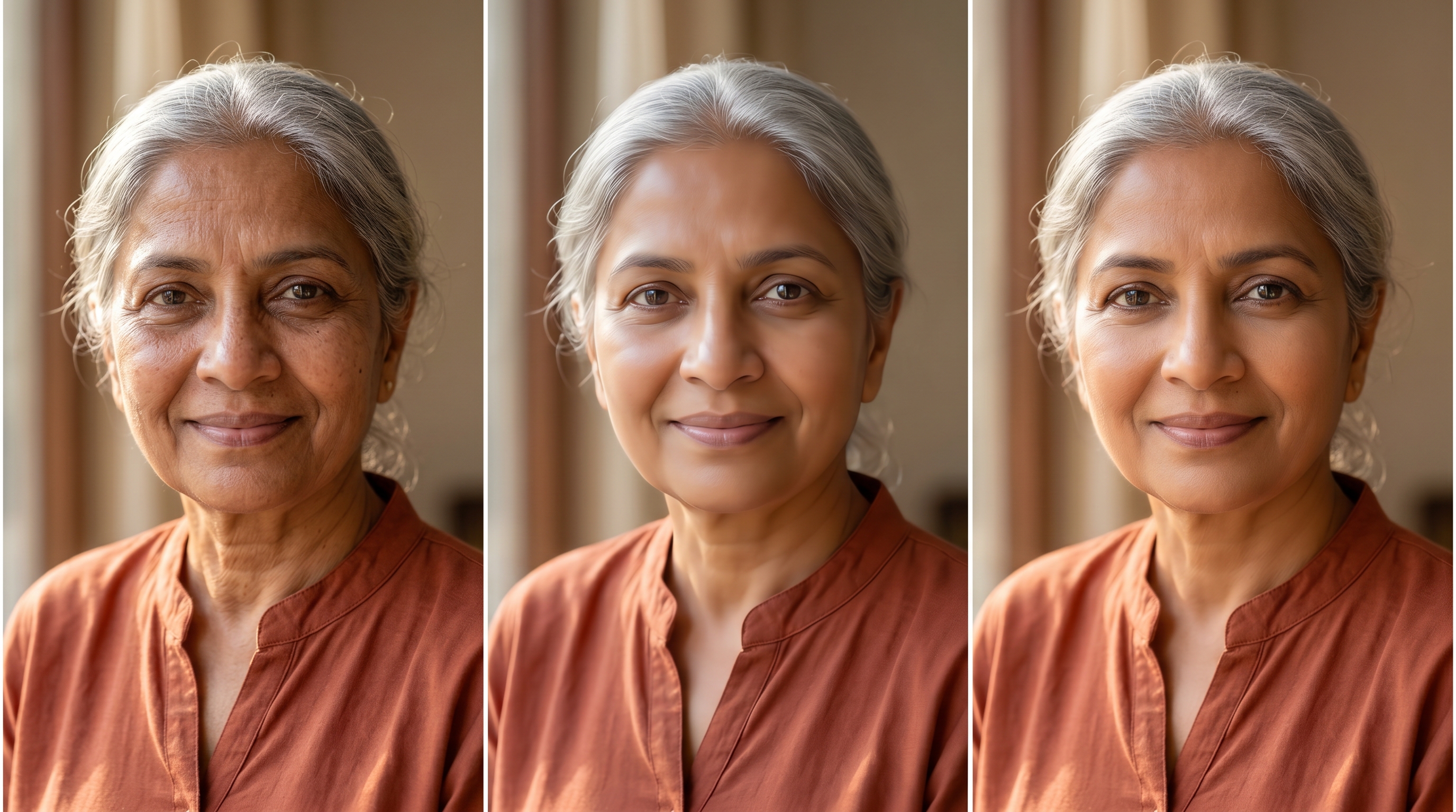 Three AI-generated portraits of an elderly South Asian woman in natural light, showing different rendering approaches: hyper-realistic skin detail, slightly waxy smooth rendering, and editorial-style idealized lighting