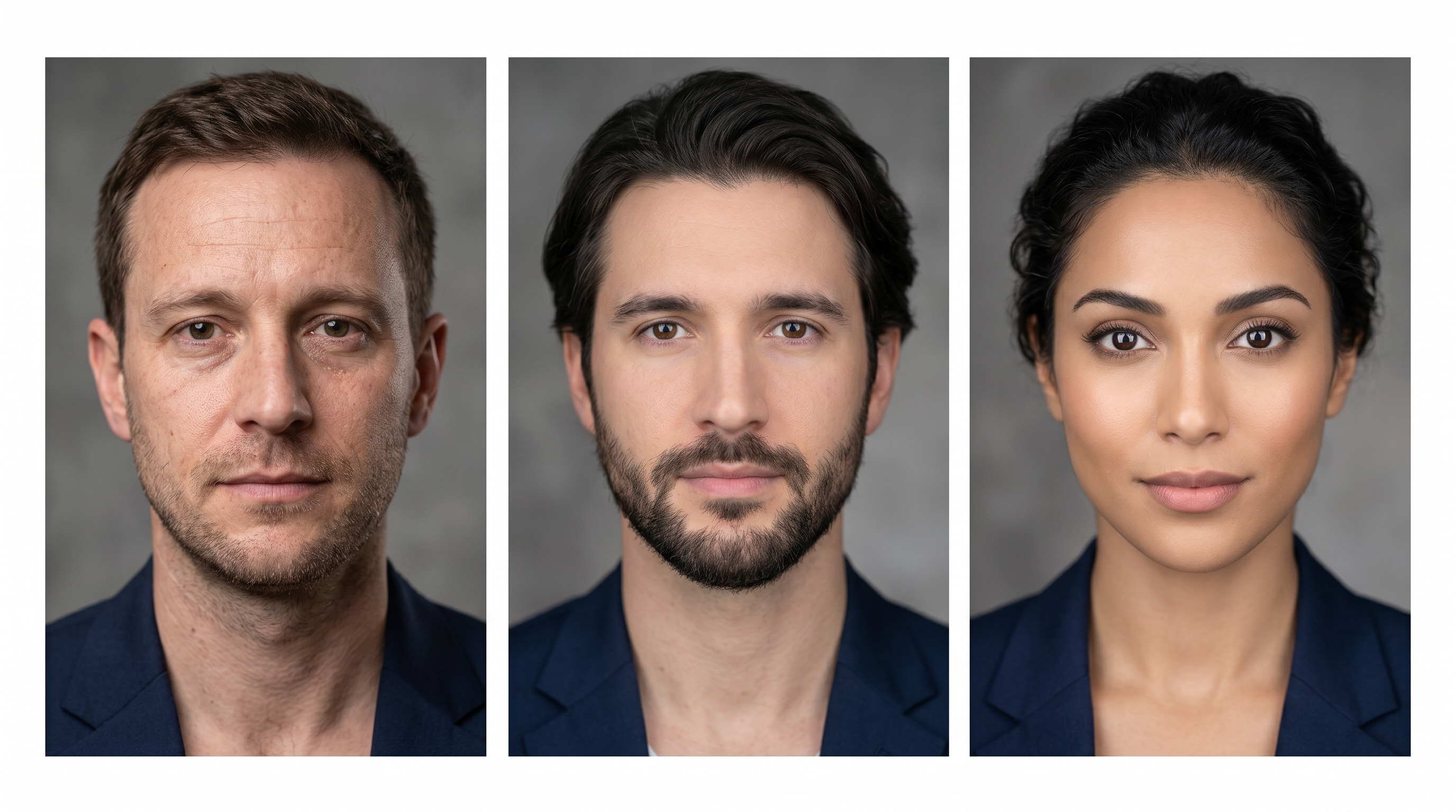 Three professional corporate headshots showing different AI rendering styles: ultra-realistic with natural skin detail, consistent but flat rendering, and polished editorial-quality with striking eyes