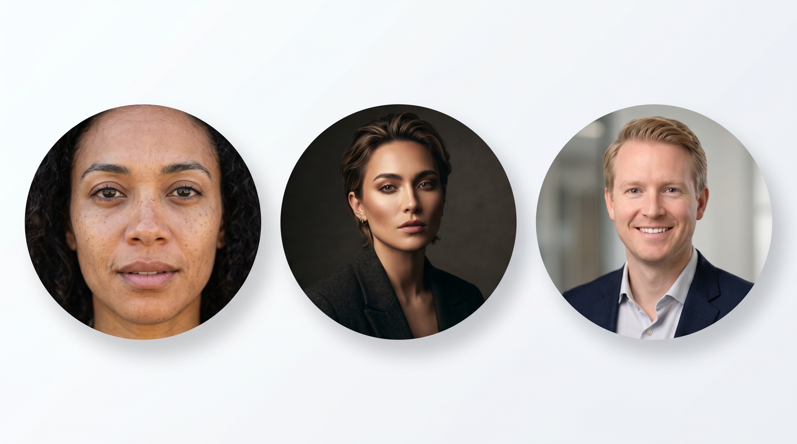 Three distinct AI portrait rendering styles displayed in circular frames: raw photorealistic with detailed skin, artistic editorial with dramatic lighting, and consistent professional with even rendering