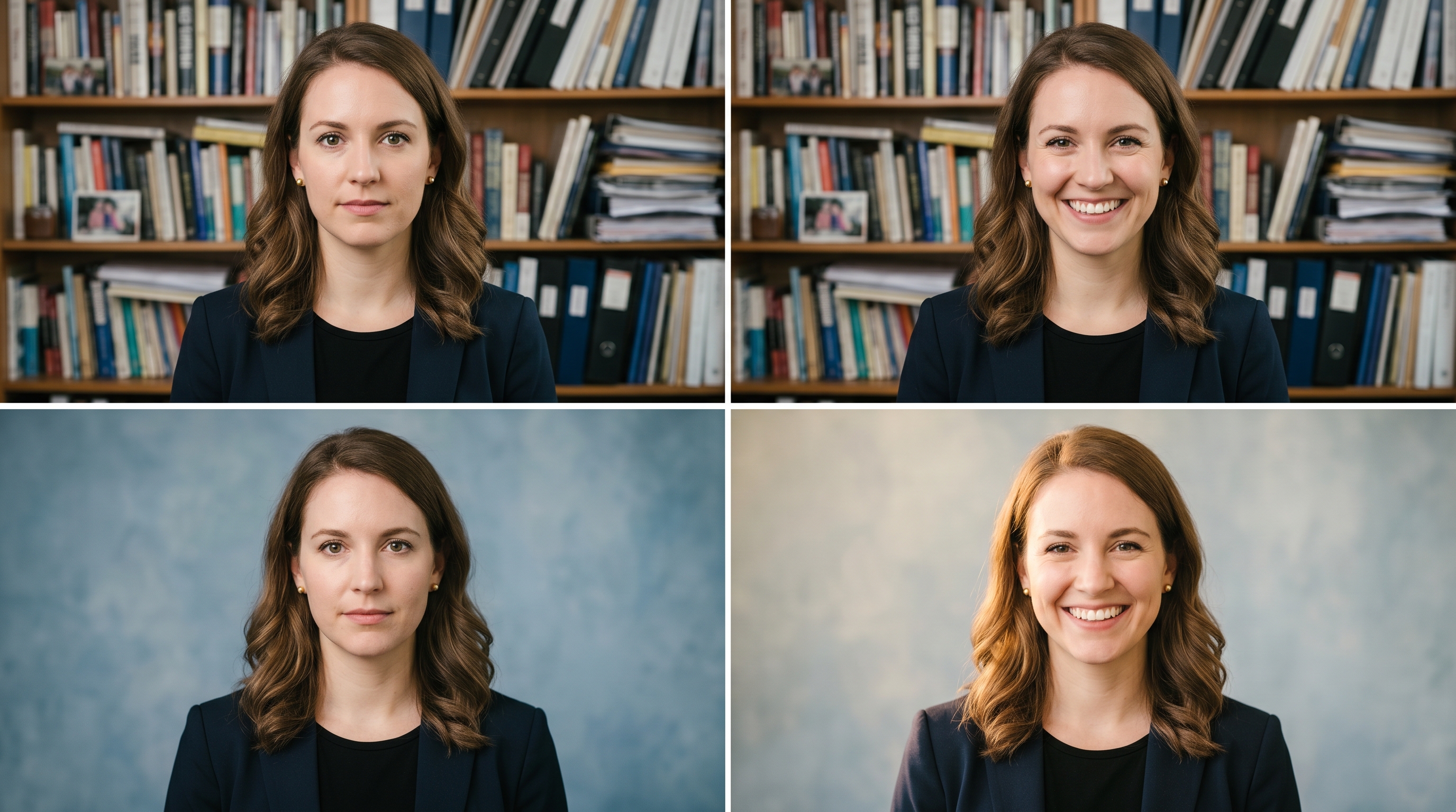 Comparison grid showing how different combinations of facial expressions and backgrounds change the perceived professionalism and warmth of a profile photo