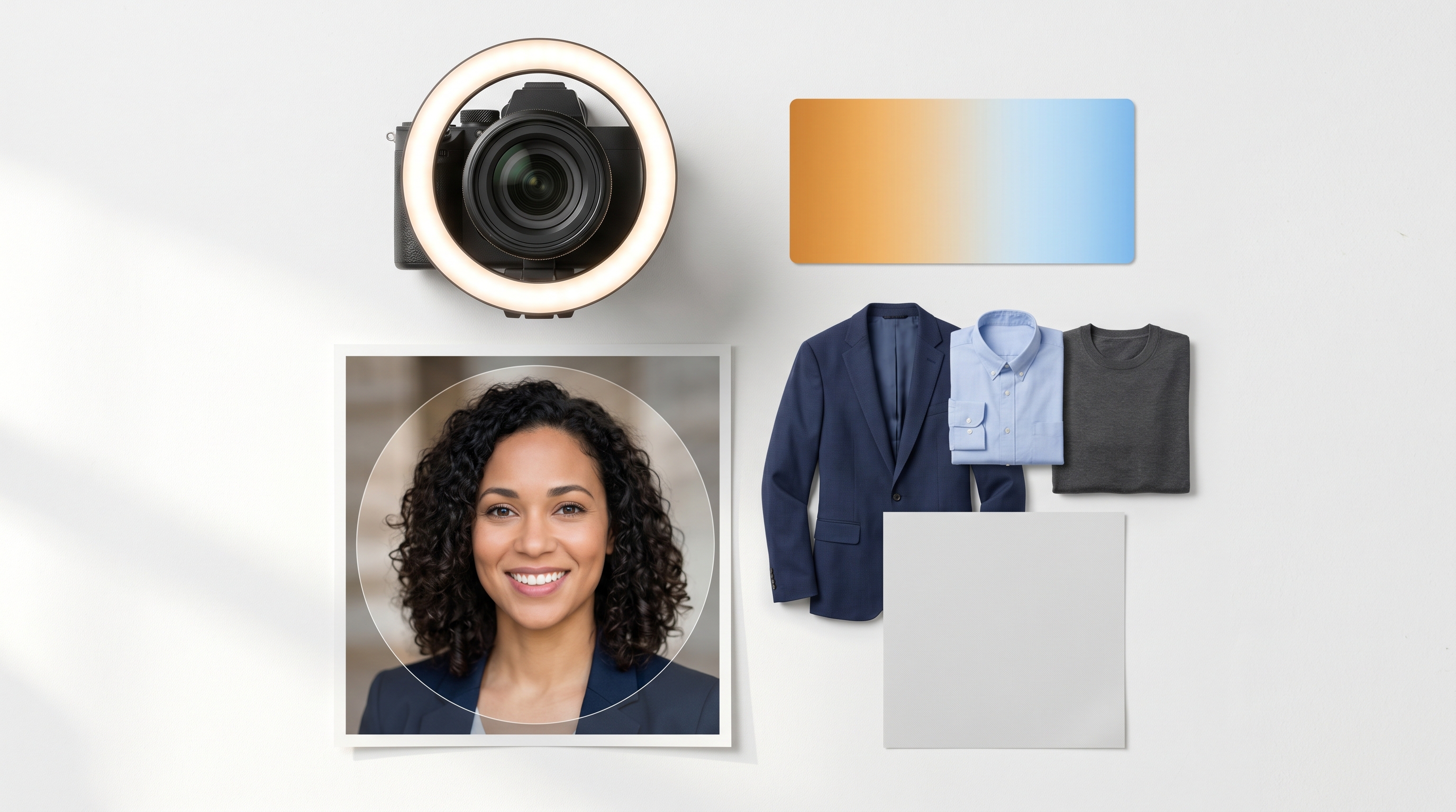 Visual overview of key profile photo elements including lighting, color temperature, framing ratio, professional attire, and clean backgrounds