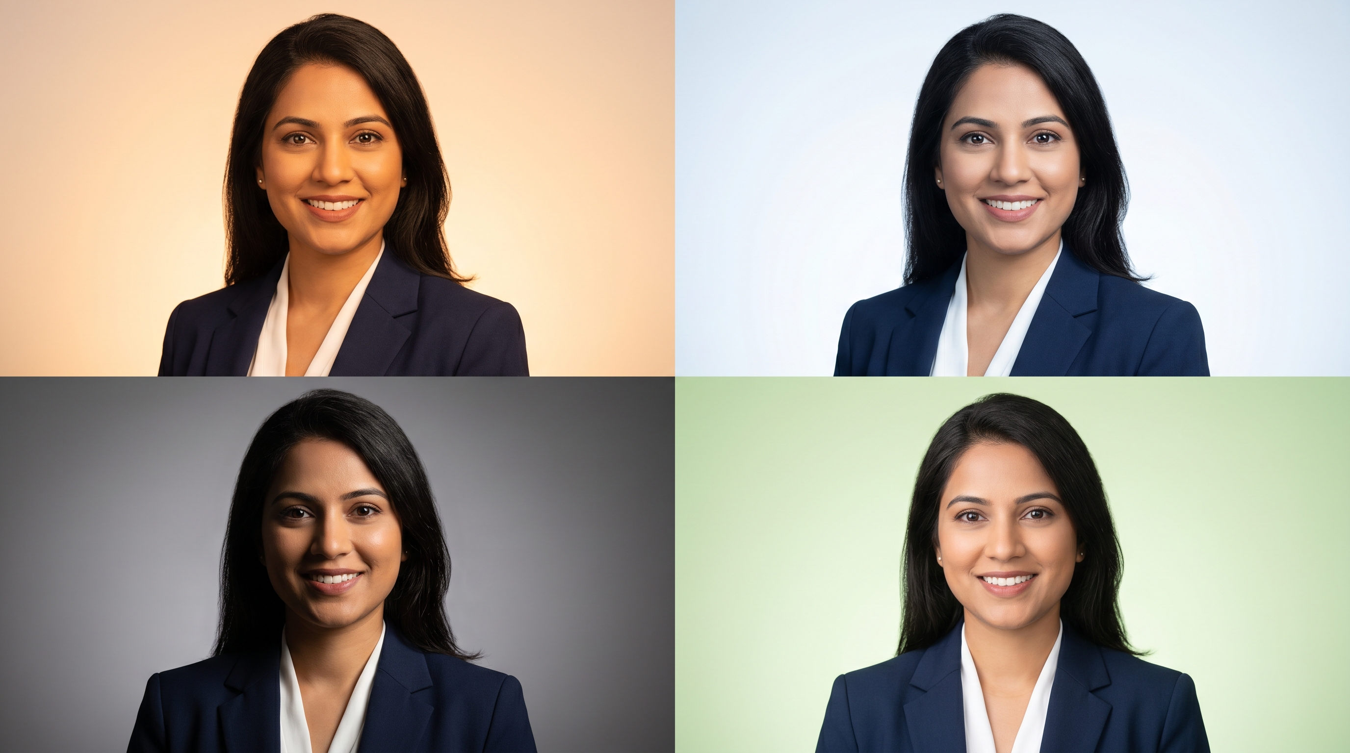 Side-by-side comparison grid showing the same person's AI-generated professional headshot across four different top-ranked generators, demonstrating subtle differences in lighting and style