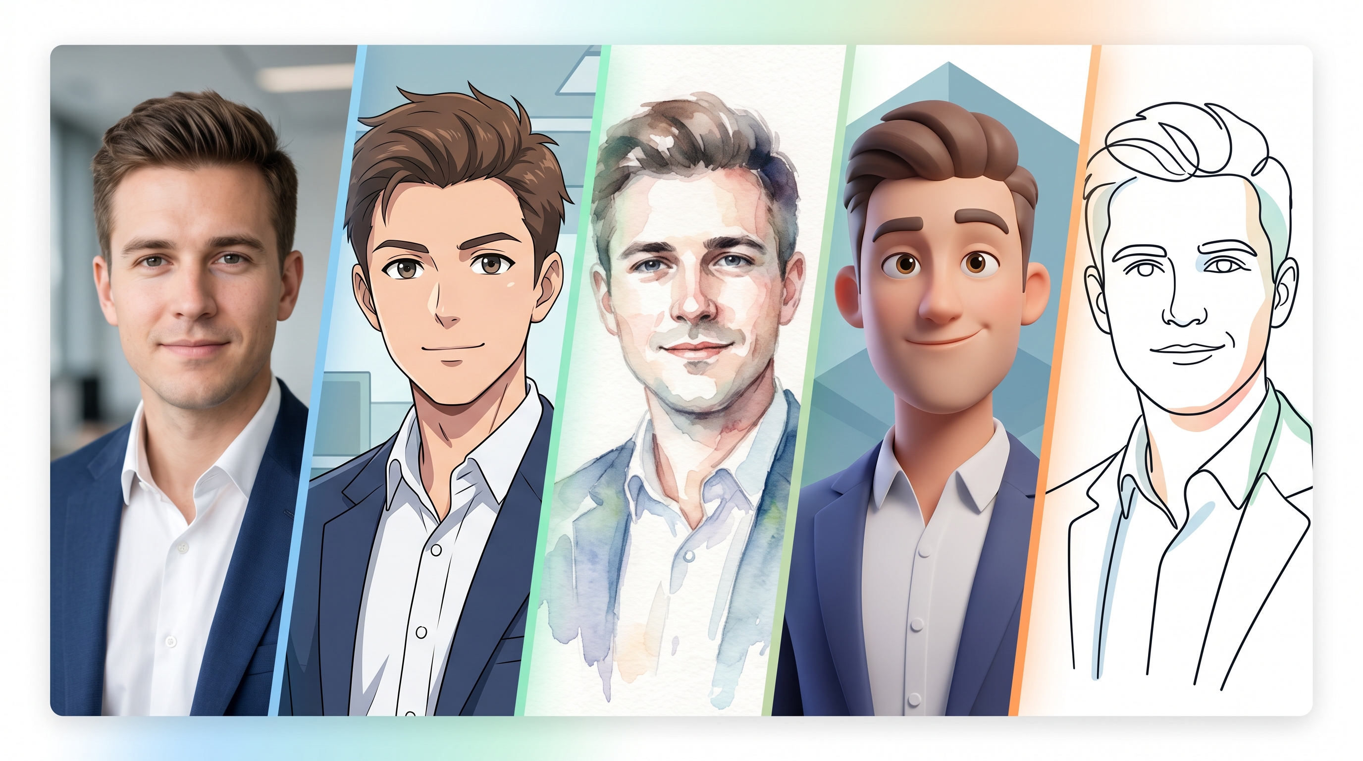 One person shown across five different AI avatar styles from photorealistic corporate headshot to anime, watercolor, 3D cartoon, and minimalist illustration, demonstrating the range of outputs possible with modern AI generators