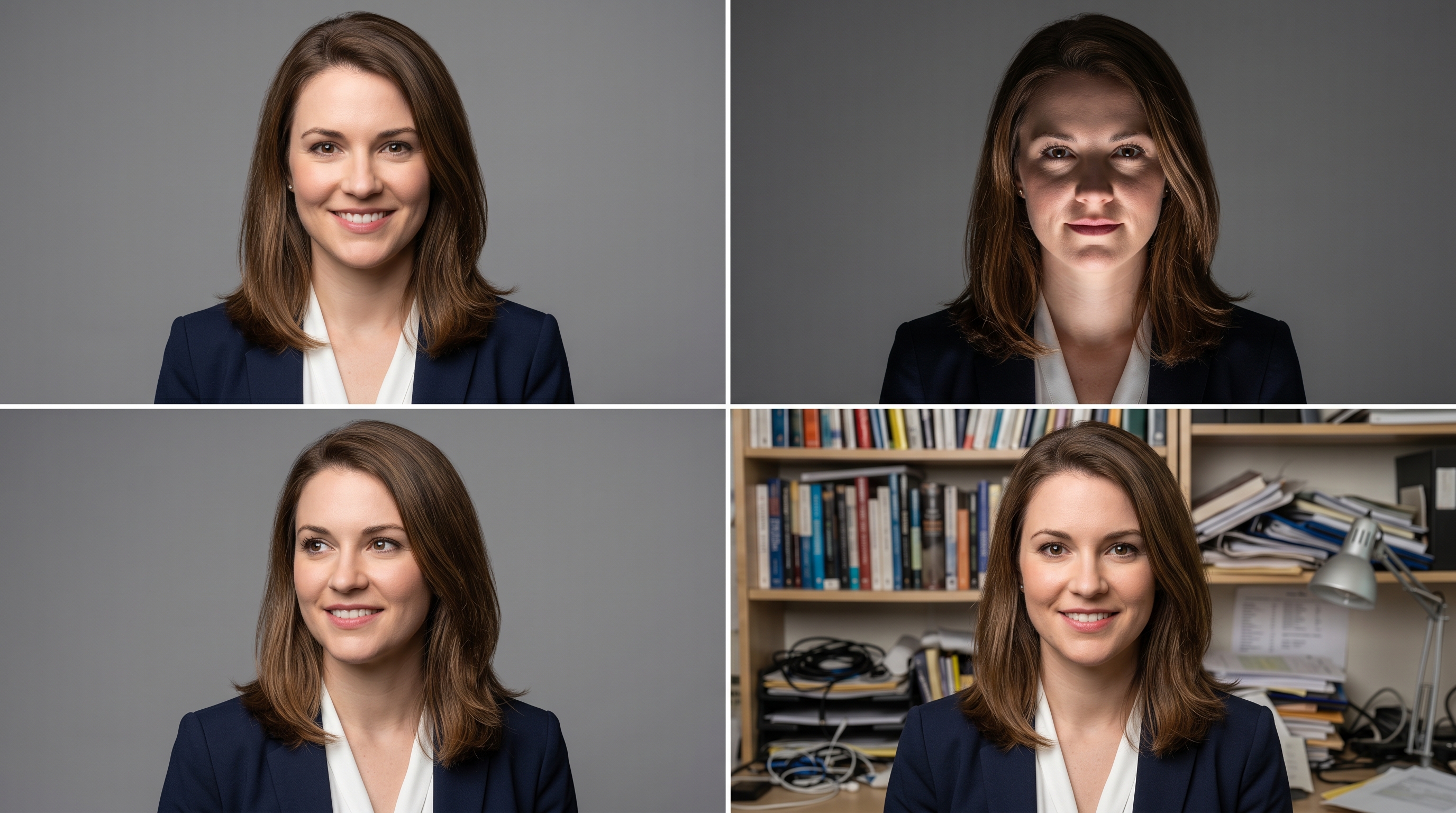 Side-by-side comparison grid showing the same professional woman photographed with four different conditions: proper lighting with eye contact, harsh under-lighting, averted gaze, and cluttered background, demonstrating how each variable affects perceived trustworthiness and professionalism.