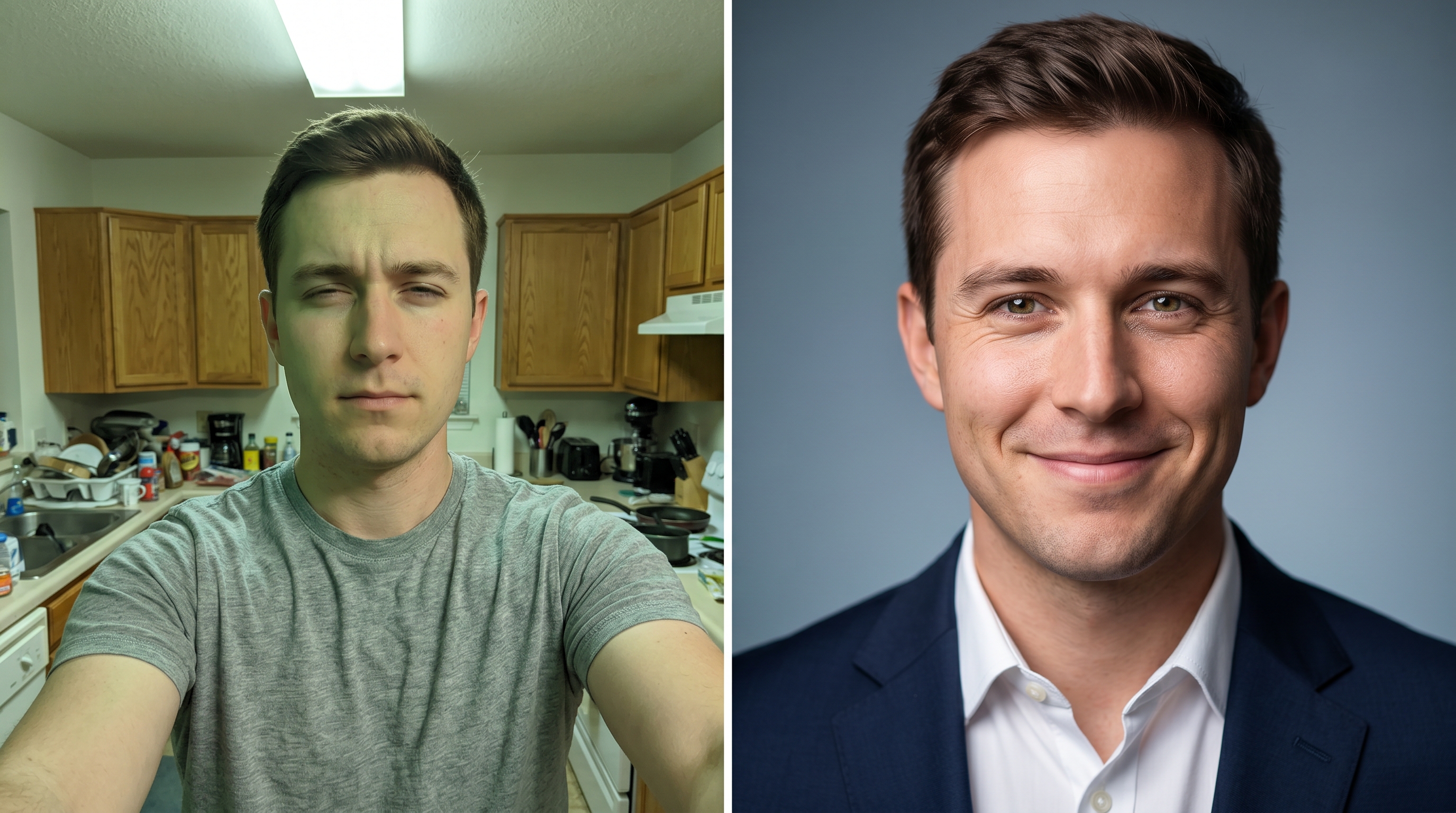 Before-and-after comparison showing a casual smartphone selfie with poor lighting, cluttered background, and flat expression alongside a polished professional AI-generated headshot with studio lighting, clean background, proper framing, and a genuine smile.