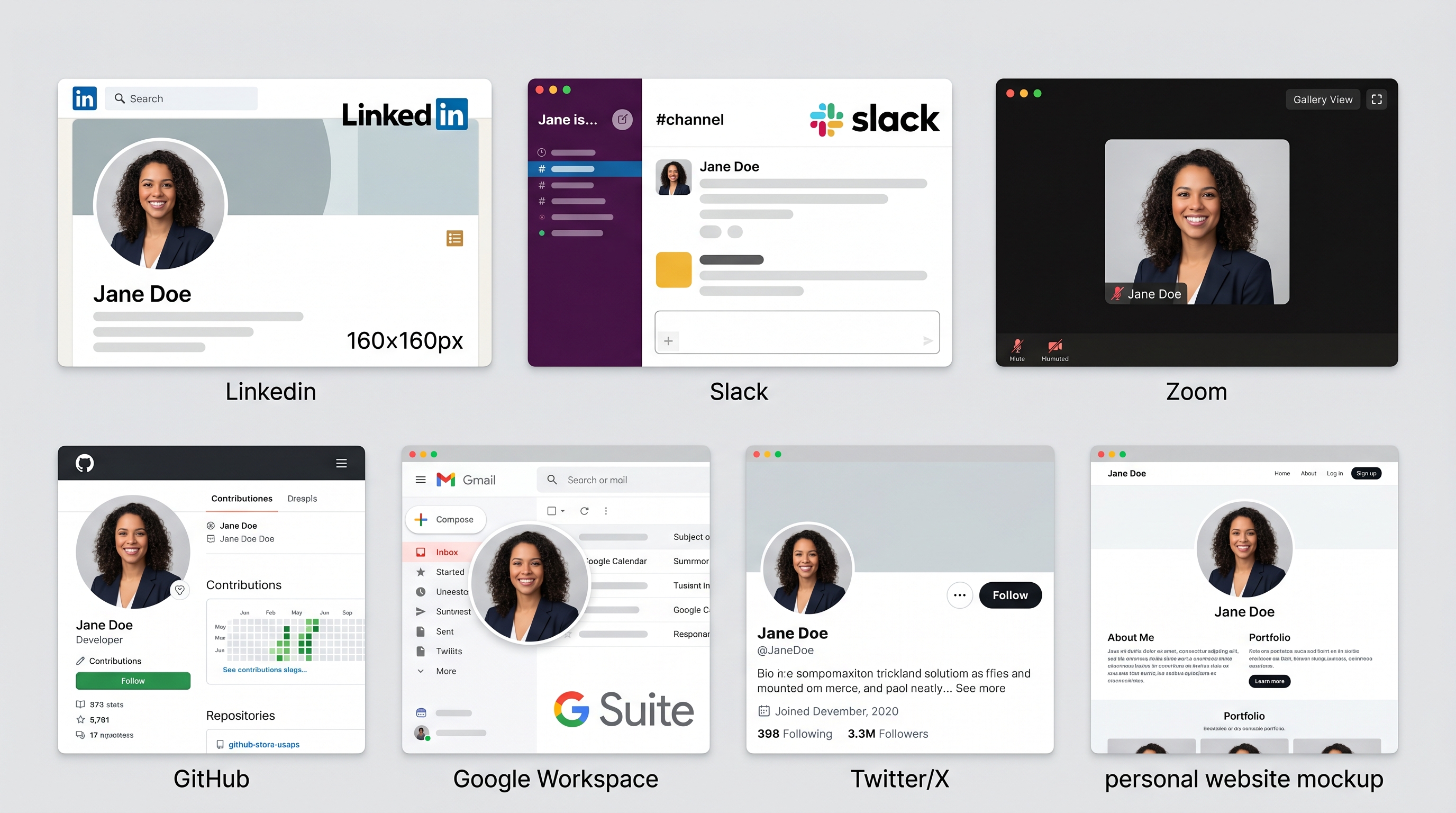 A visual grid showing the same professional headshot displayed across LinkedIn, Slack, Zoom, GitHub, Google Workspace, Twitter/X, and a personal website, each at actual display sizes and crop shapes