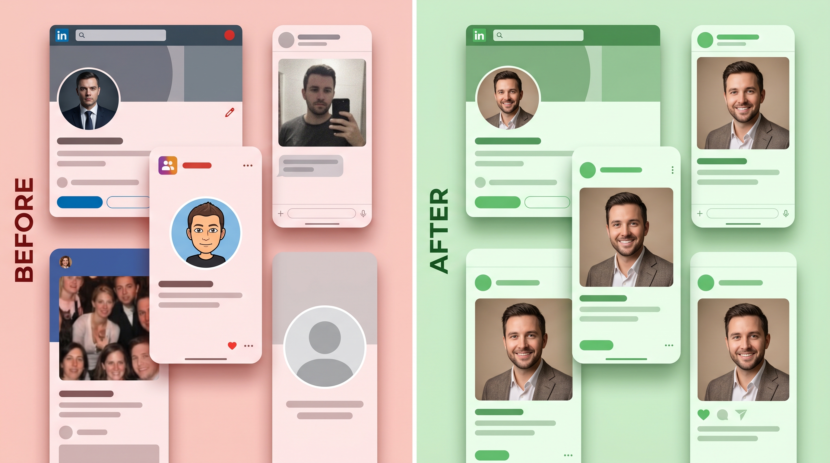 Before-and-after comparison showing a remote worker's fragmented profile photos across platforms unified into a cohesive set of matching professional headshots