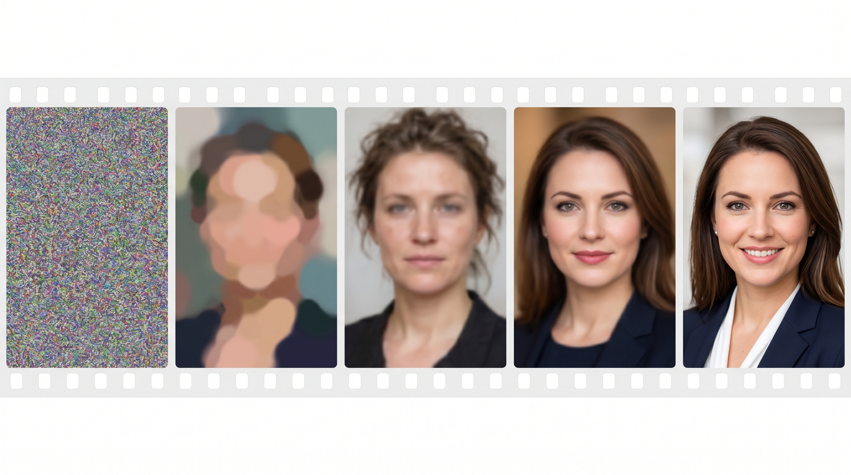 Five stages of the diffusion denoising process showing the progression from pure noise to blobby color masses to rough face shape to soft portrait to final crisp photorealistic headshot