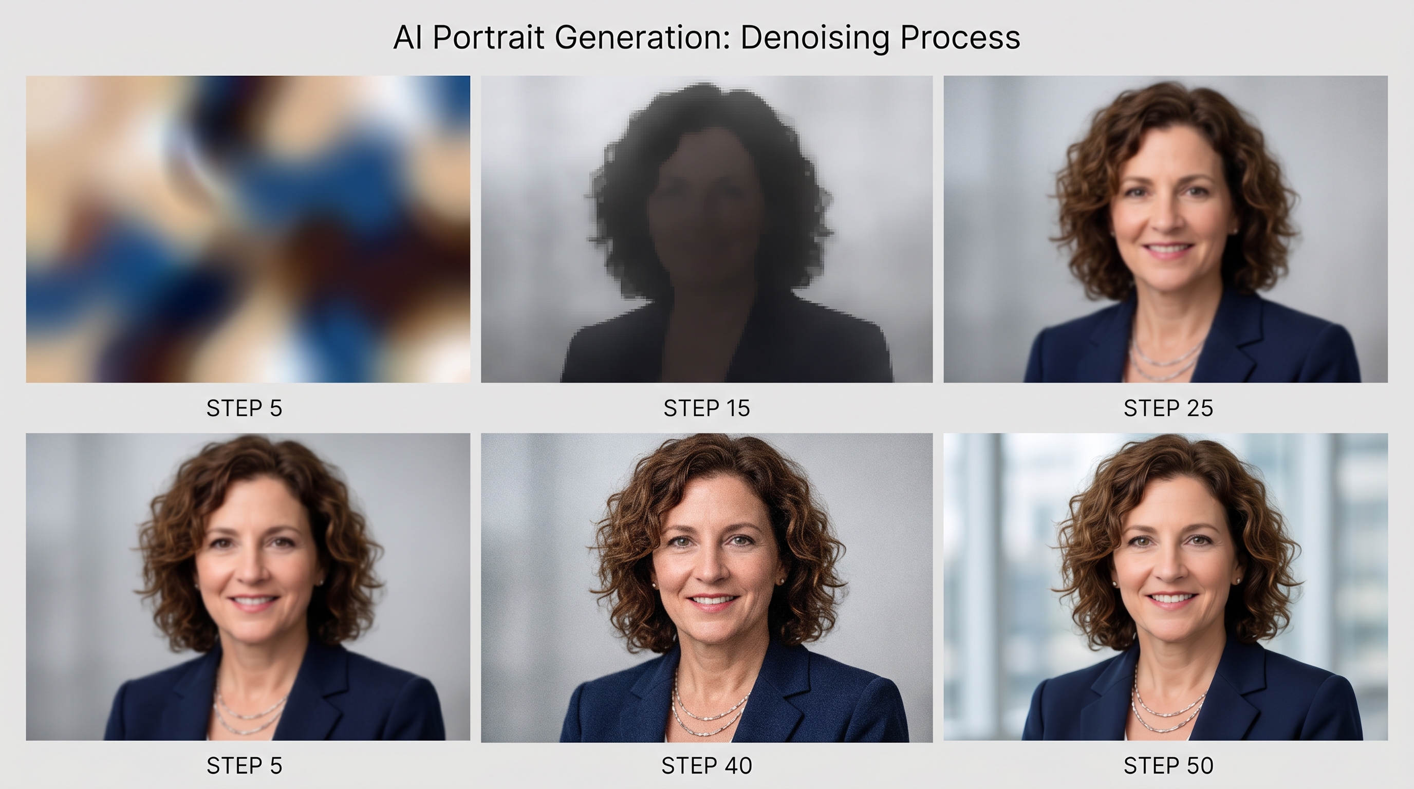 Grid showing a single AI portrait at five denoising checkpoints: step 5 showing abstract blobs, step 15 showing rough silhouette, step 25 showing defined facial features, step 40 showing near-photorealistic detail, and step 50 showing the polished final headshot