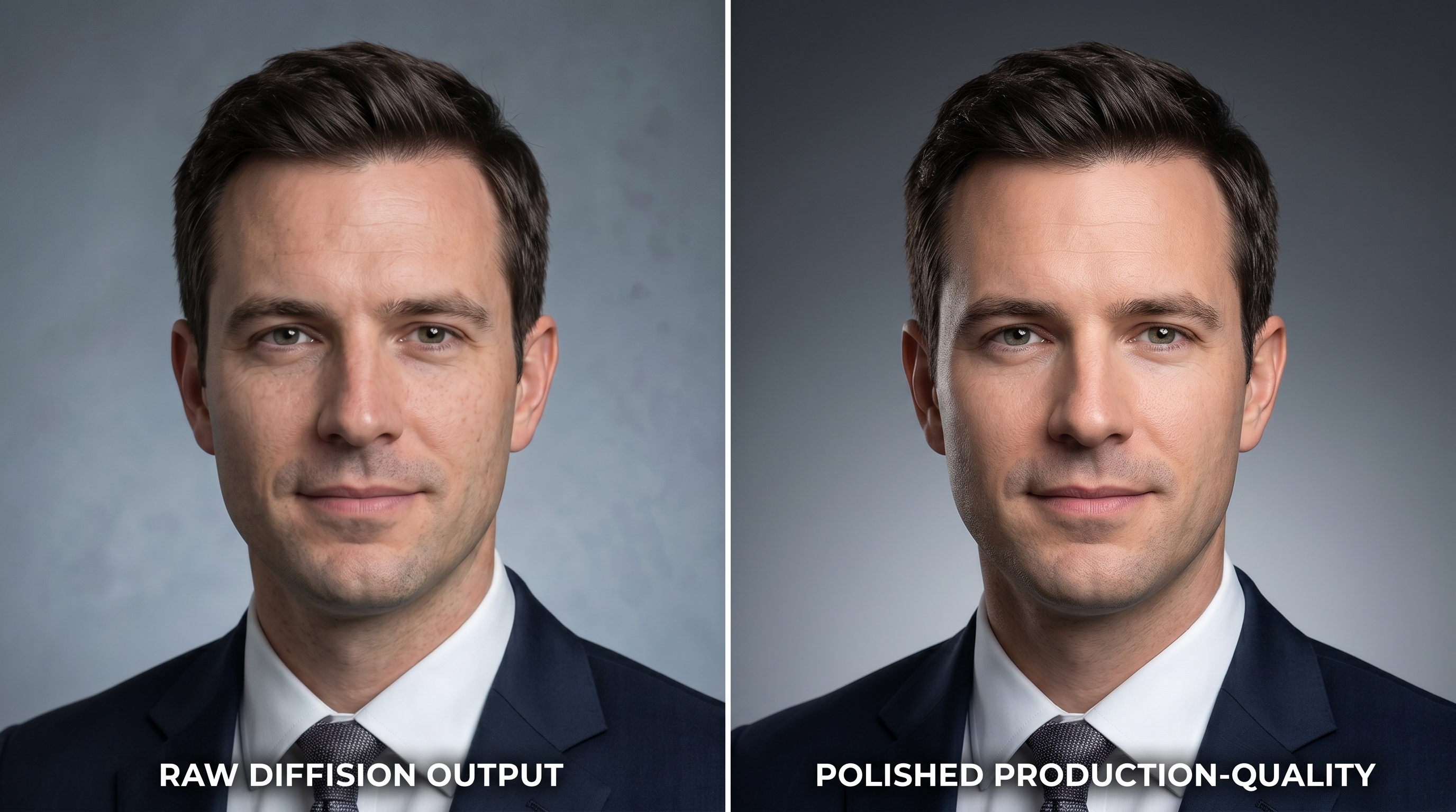 Side-by-side comparison of a raw diffusion model headshot output versus a polished production-quality AI headshot, showing improvements in lighting consistency, background cleanliness, and facial detail refinement