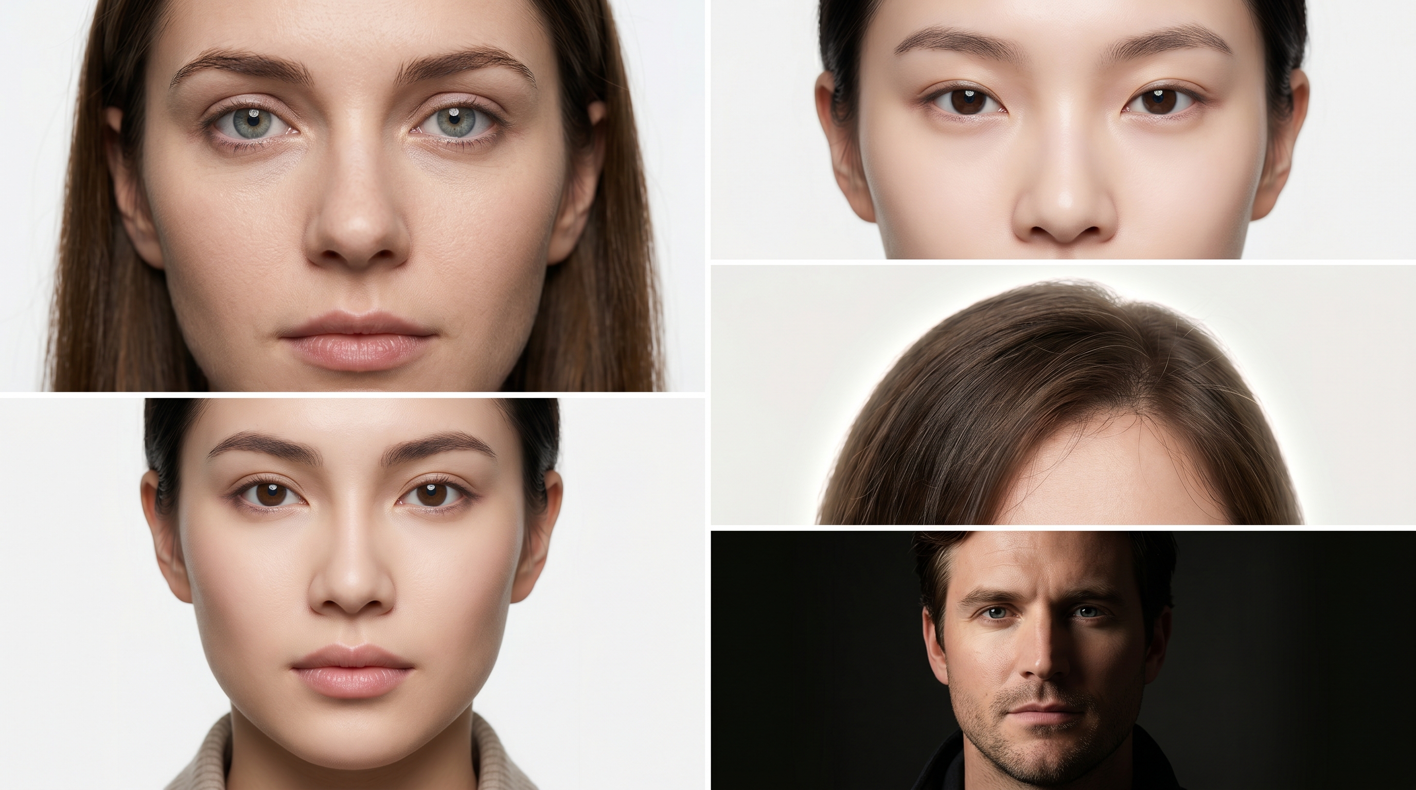Grid showing five common uncanny valley artifacts in AI-generated headshots: glassy eyes with mismatched catchlights, over-smoothed skin, unnatural symmetry, impossible hair physics, and lighting mismatches between face and background