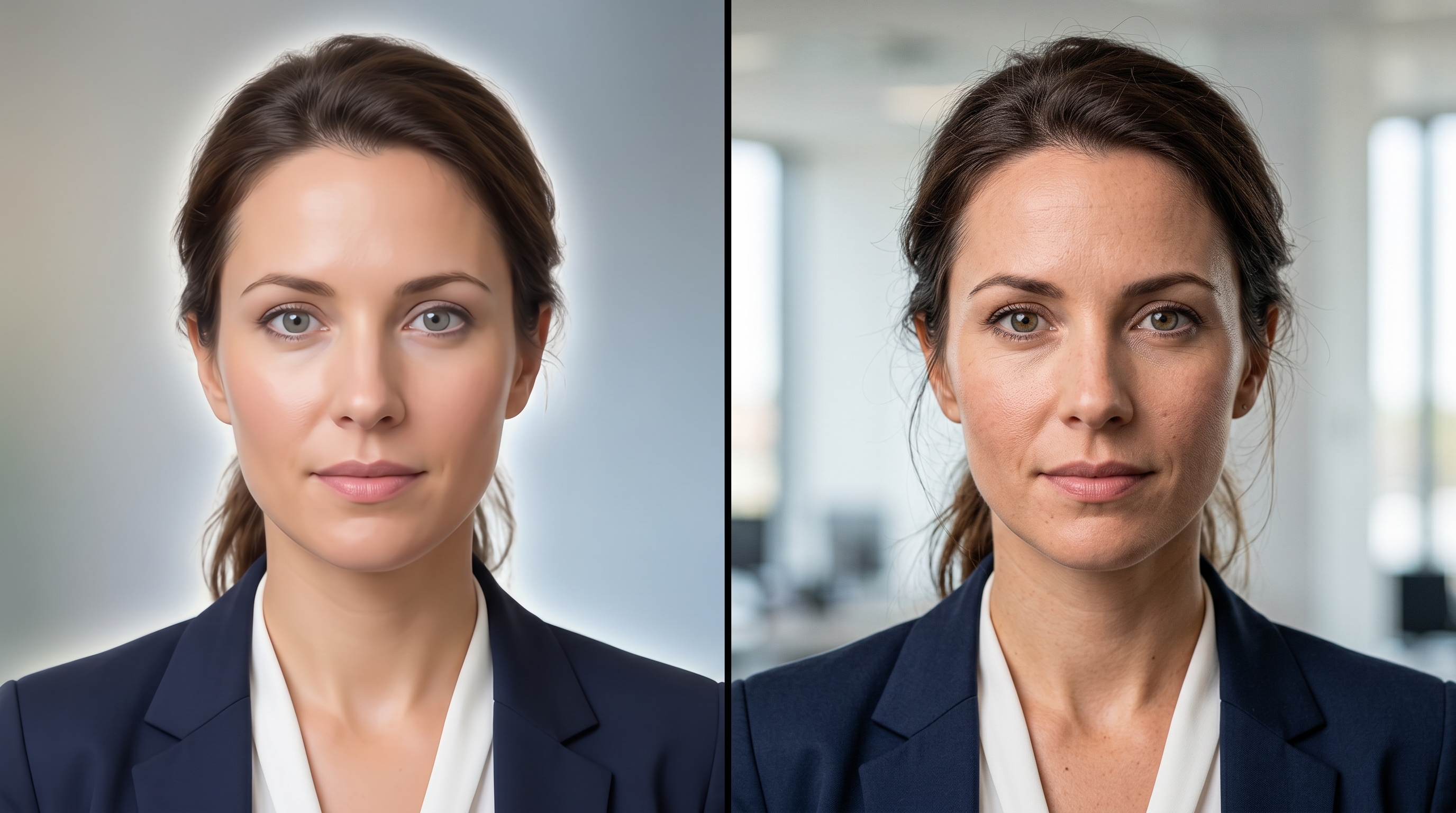 Side-by-side comparison of early-era versus modern AI headshot quality, showing dramatic improvements in skin texture, eye detail, hair rendering, and lighting coherence