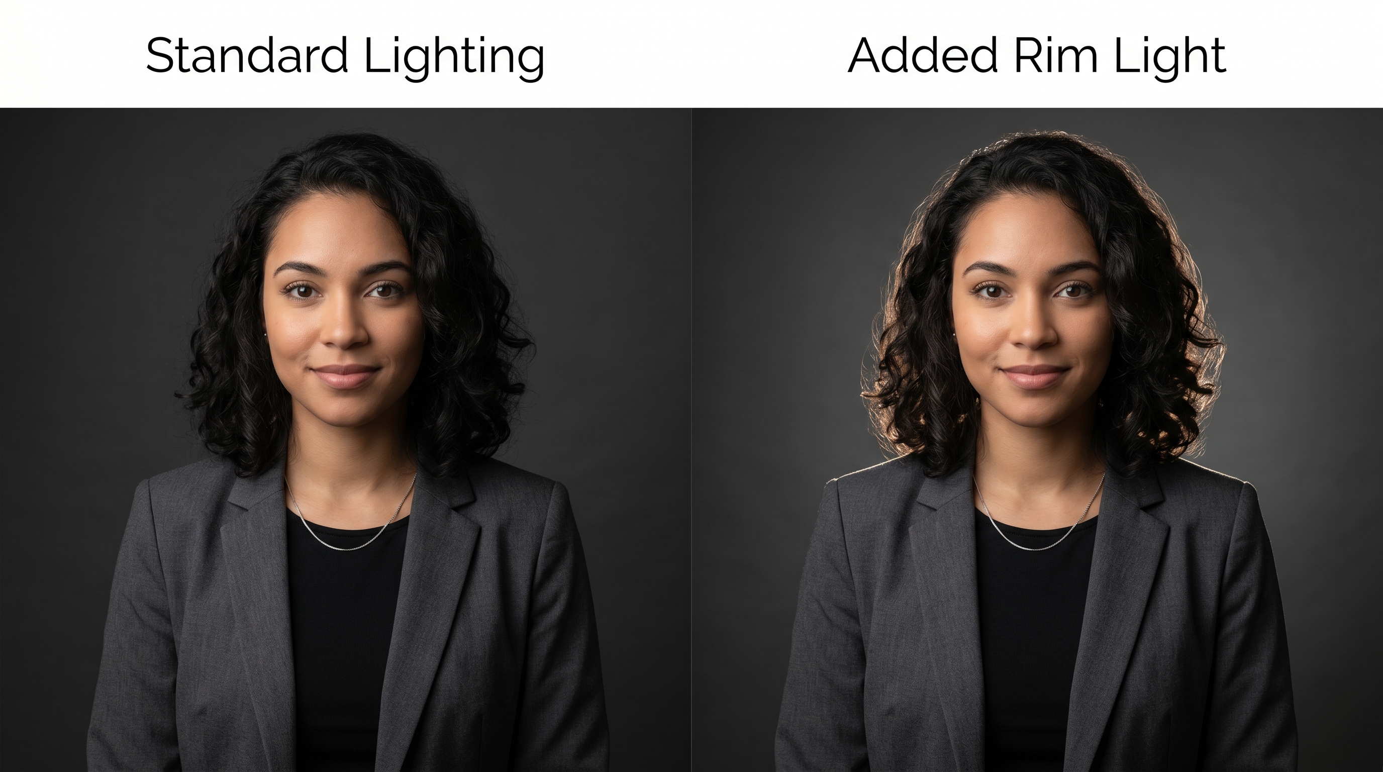 Side-by-side comparison showing a portrait with key and fill light only versus the same portrait with added back light, demonstrating how rim light adds depth and separation from the background