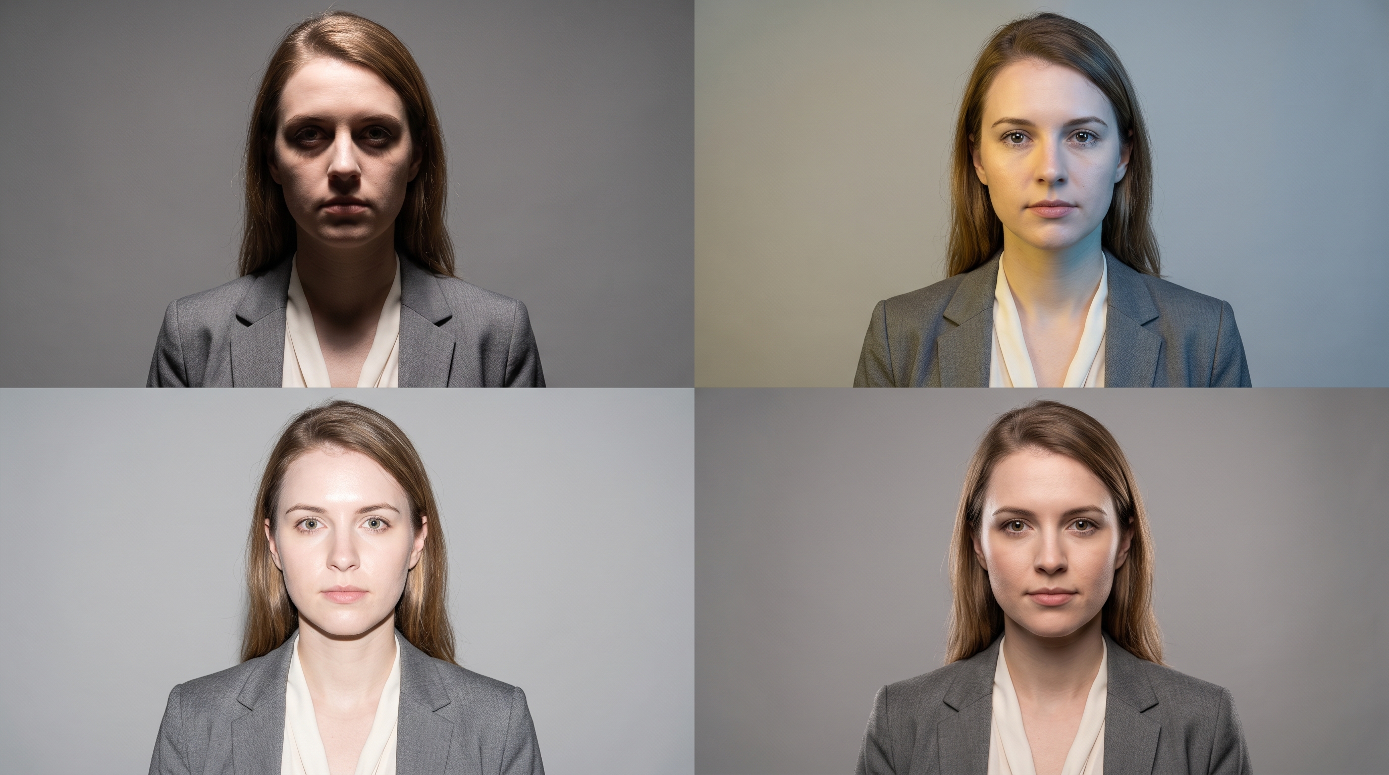 Grid of four portrait examples showing common lighting mistakes: raccoon eyes from overhead light, mixed color temperatures, direct flash, and a correctly lit three-point setup for comparison