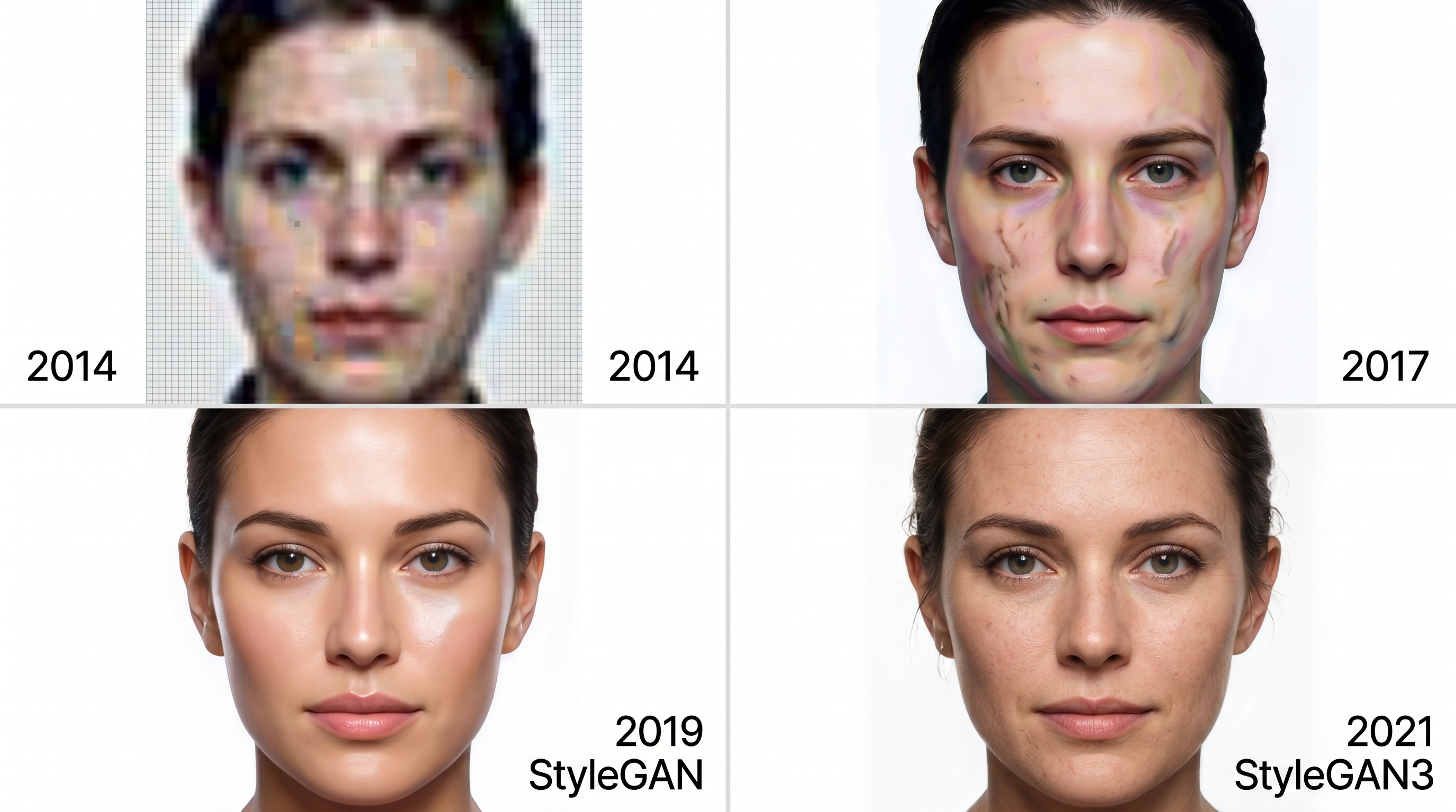 Grid showing the progression of GAN-generated faces from blurry, distorted outputs in 2014 to photorealistic results by 2021, illustrating the rapid improvement in AI face generation quality