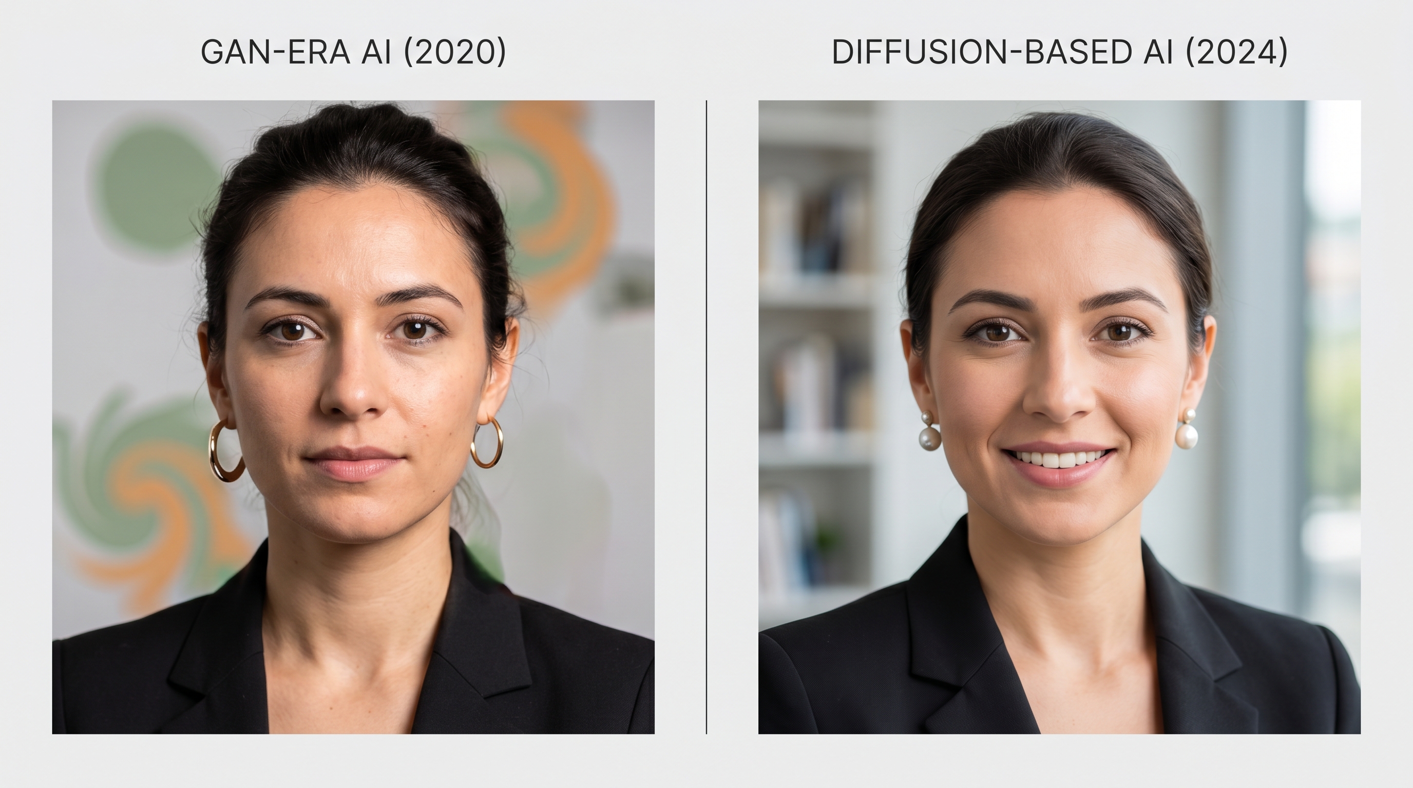 Comparison between a GAN-era AI headshot showing artifacts like mismatched accessories and blurry backgrounds, and a modern diffusion-based AI headshot with coherent details, consistent lighting, and professional quality