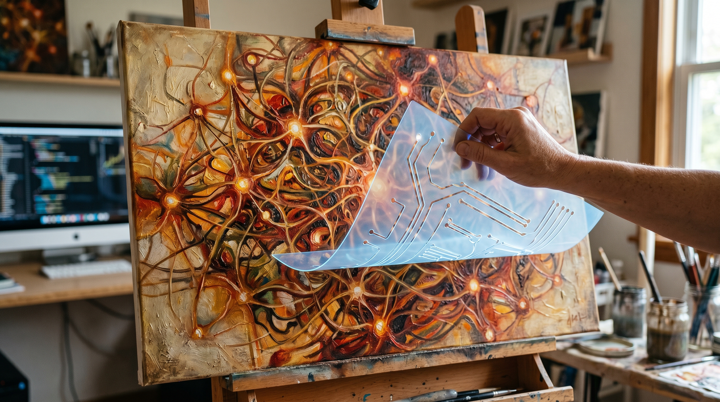 Conceptual illustration of the LoRA technique depicted as small portable stencils being placed over a large detailed painting, representing how lightweight adapters modify a large base model