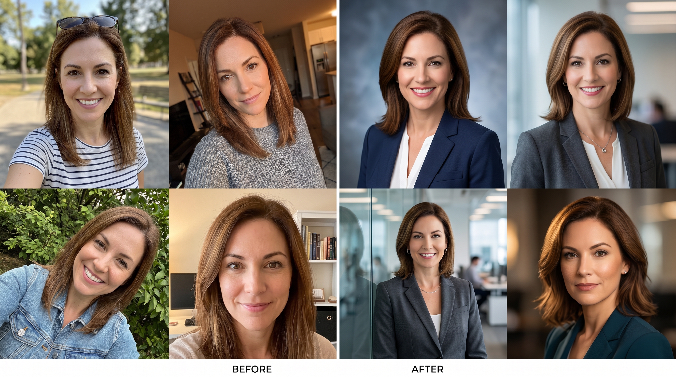 Before and after comparison showing casual smartphone selfies on the left transformed into polished, professional AI-generated headshots on the right, demonstrating the power of fine-tuning personalization