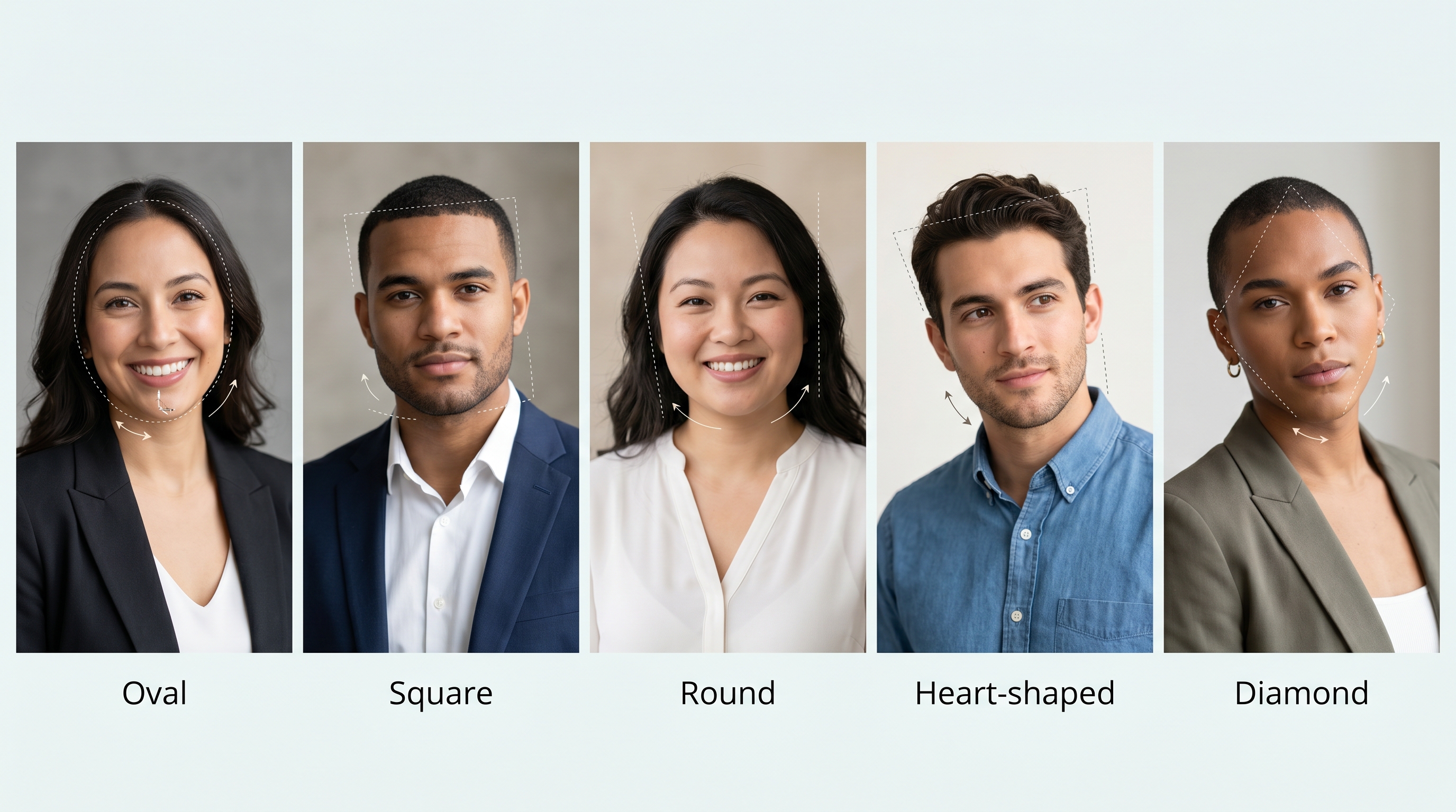 Grid of five professional headshot poses demonstrating the optimal angles for oval, round, square, heart, and oblong face shapes, with subtle angle guide lines overlaid on each photo