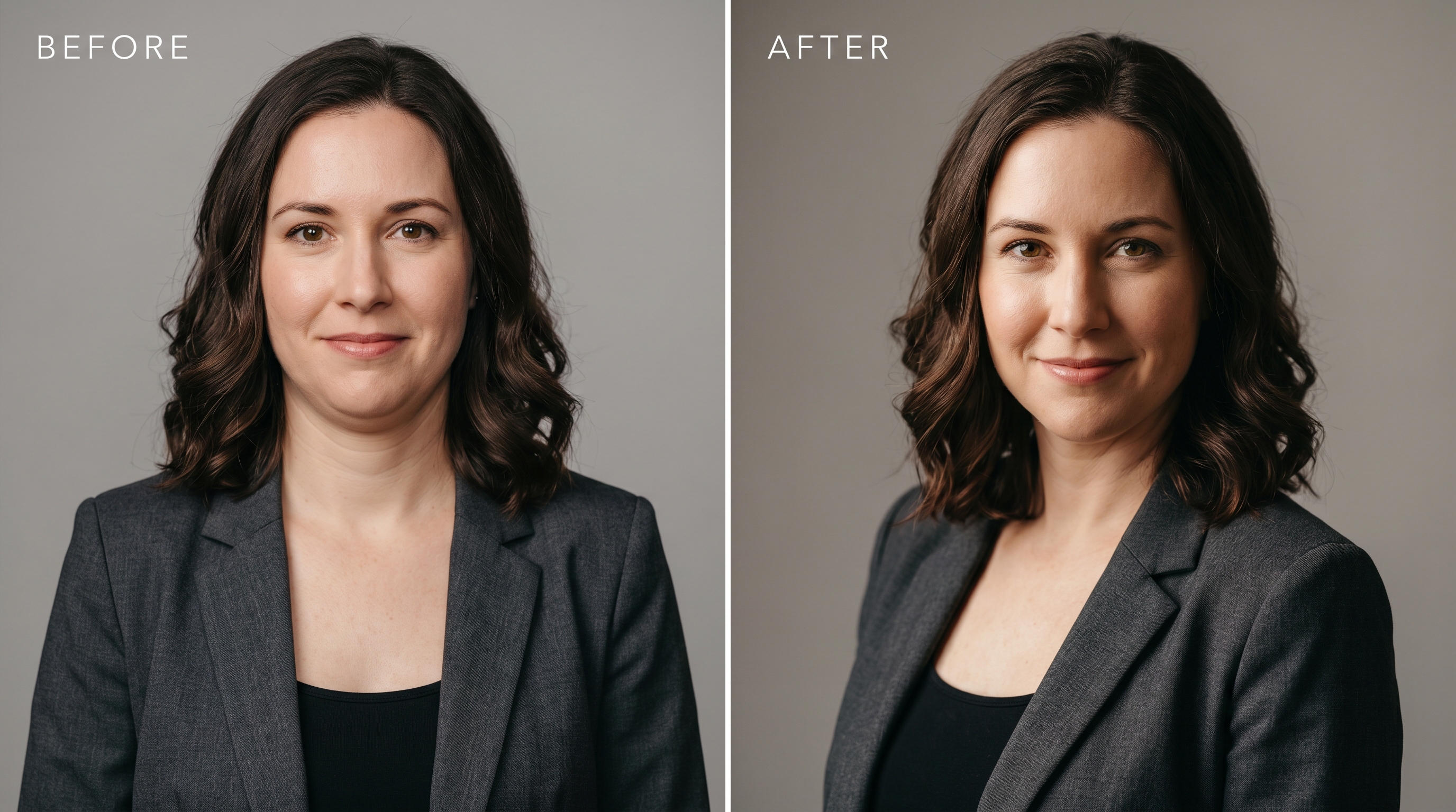 Before and after comparison showing the dramatic difference between squared shoulders with chin back versus angled shoulders with chin forward in a professional headshot