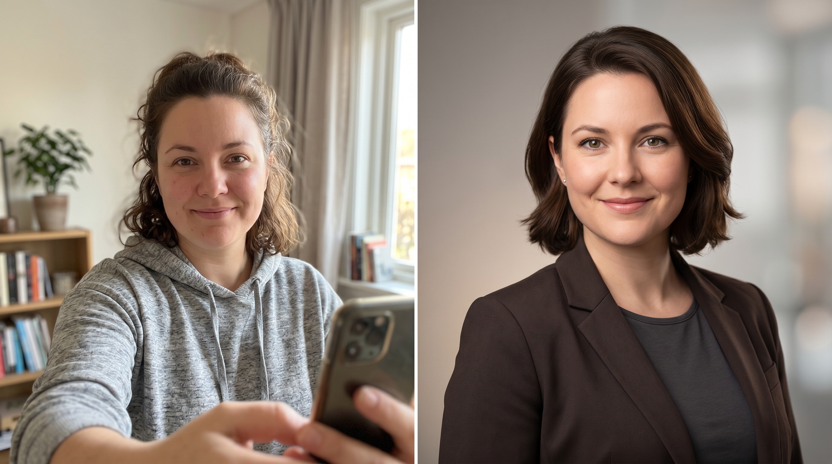Before and after showing a casual smartphone selfie transformed into a polished professional headshot, with natural pose and expression preserved while background, lighting, and attire are enhanced