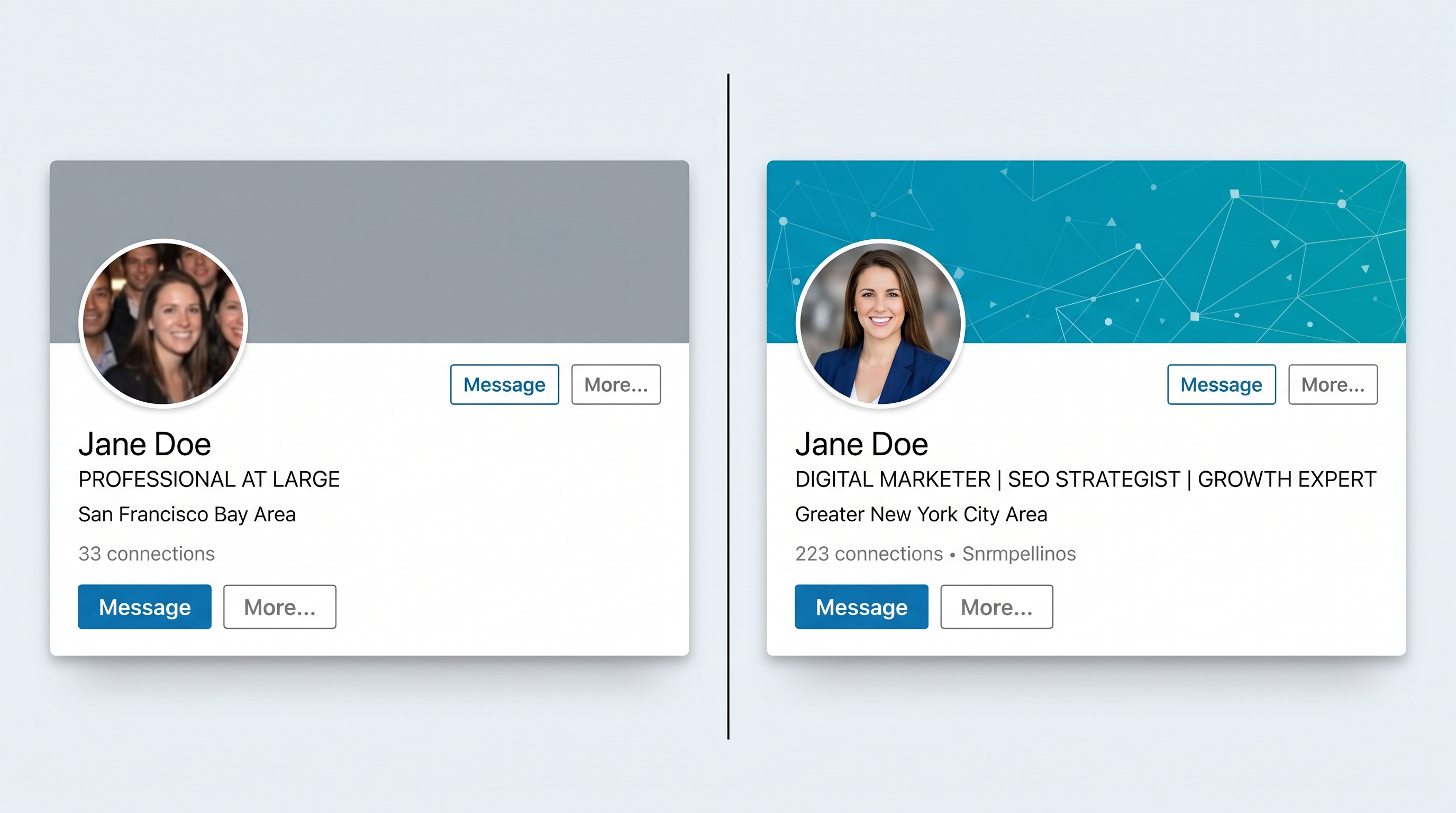 Side-by-side comparison of a weak LinkedIn profile header with a blurry photo and generic headline versus an optimized profile header with a professional headshot and compelling headline