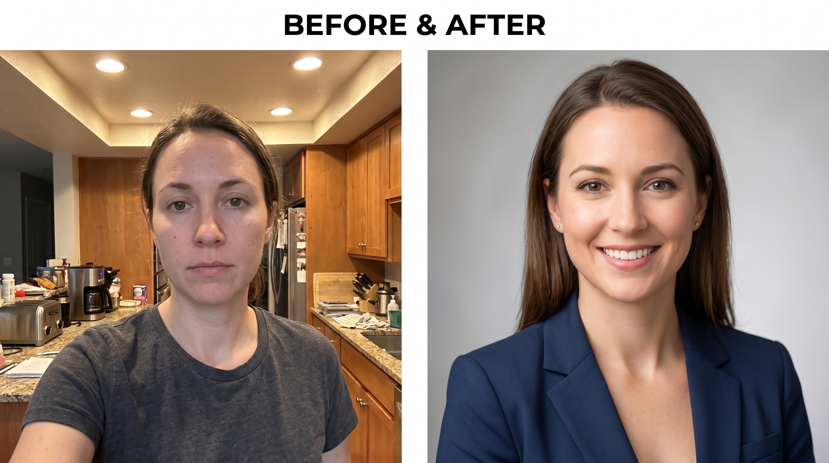 Before-and-after comparison showing a casual selfie transformed into a polished, professional AI-generated headshot suitable for LinkedIn