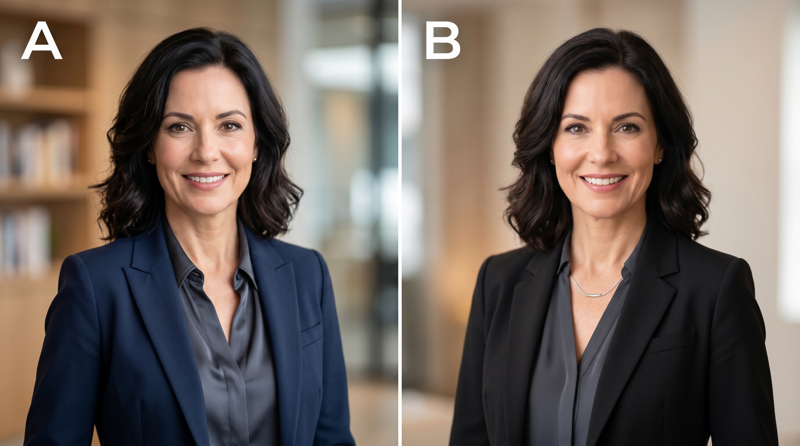 Side-by-side comparison of two equally professional-looking headshots, illustrating how difficult it is to distinguish AI-generated photos from real ones