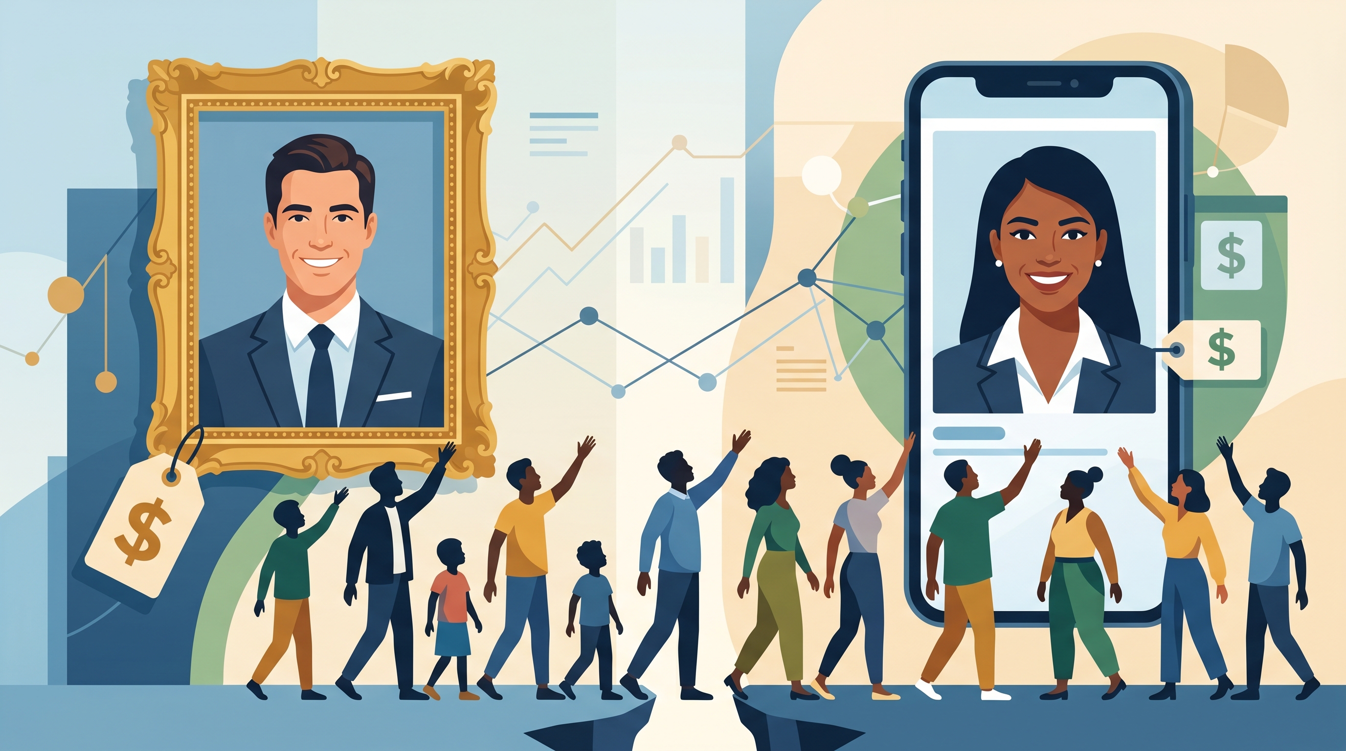 Illustration depicting the cost gap between traditional studio photography and affordable AI headshot generators, showing how AI tools make professional imagery accessible to diverse populations