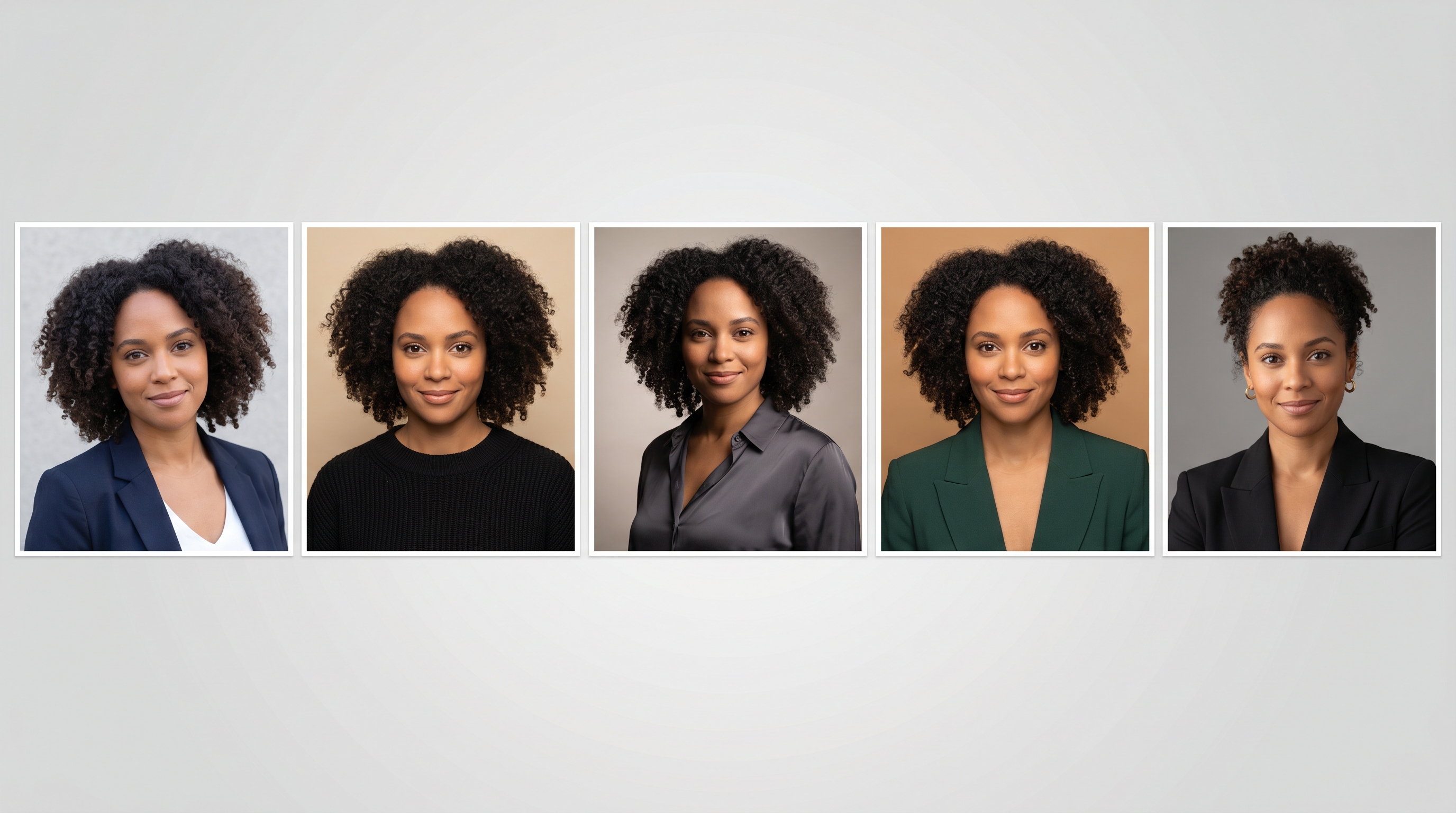 Side-by-side comparison grid of five AI-generated professional headshots showing the same person processed by different tools, highlighting differences in lighting, style, and realism